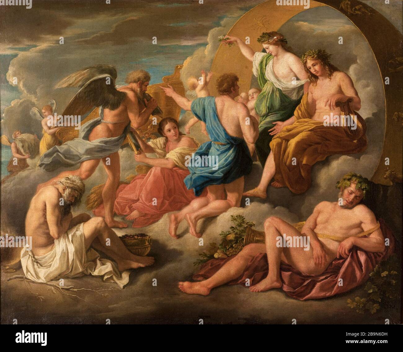 Apollo gab seinen Wagen Phaeton, Helios und Phaeton D'après Nicolas Poussin (1594-1665). "Apollon Accordant son char à Phaeton, Helios et Phaeton". Huile sur toile, 1600-1700. Musée des Beaux-Arts de la Ville de Paris, Petit Palais. Stockfoto