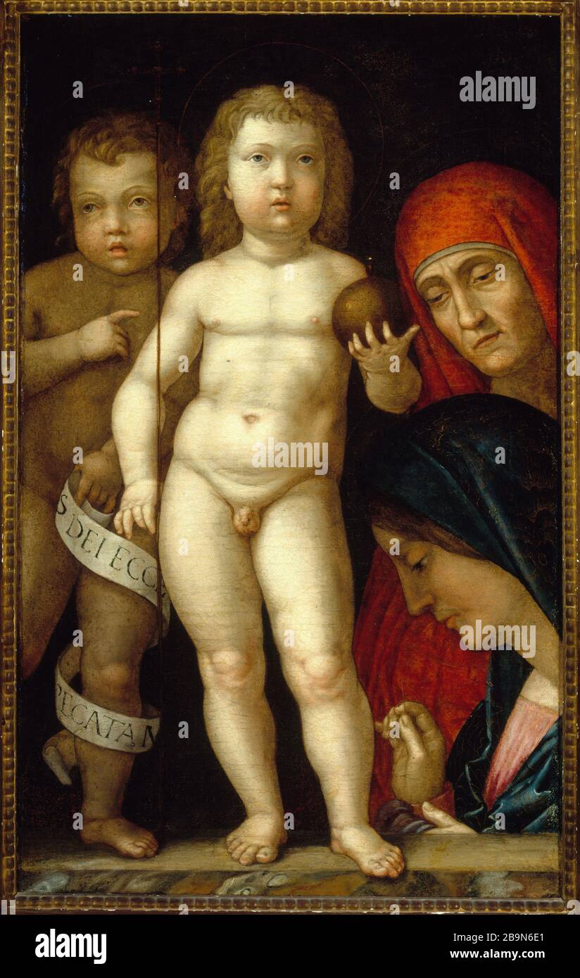 DER MEISTER DER WELT - DAS CHRISTUSKIND, DAS HEILIGE JOHANNES BAPTISTISCHE KIND DIE JUNGFRAU UND DIE HEILIGE ELISABETH ATTRIBUÉ À ANDREA MANTEGNA (1431-1506). "Le Maître du monde - le Christi enfant, Saint Jean-Baptiste enfant, la Vierge et sainte Elisabeth", entre 1451 et 1506. Huile sur toile. Musée des Beaux-Arts de la Ville de Paris, Petit Palais. Stockfoto