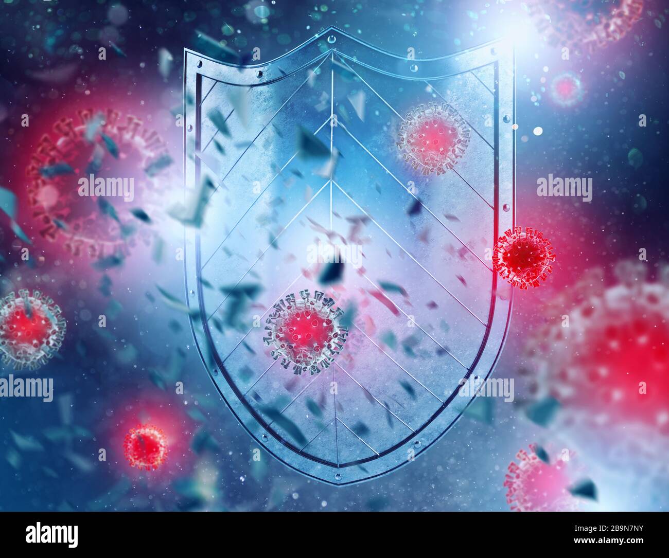 Schutzschild schützt vor Angriffen durch Viren. Konzept der Stopp-Pandemie des koviden 19-Kronen-Virus. Stockfoto