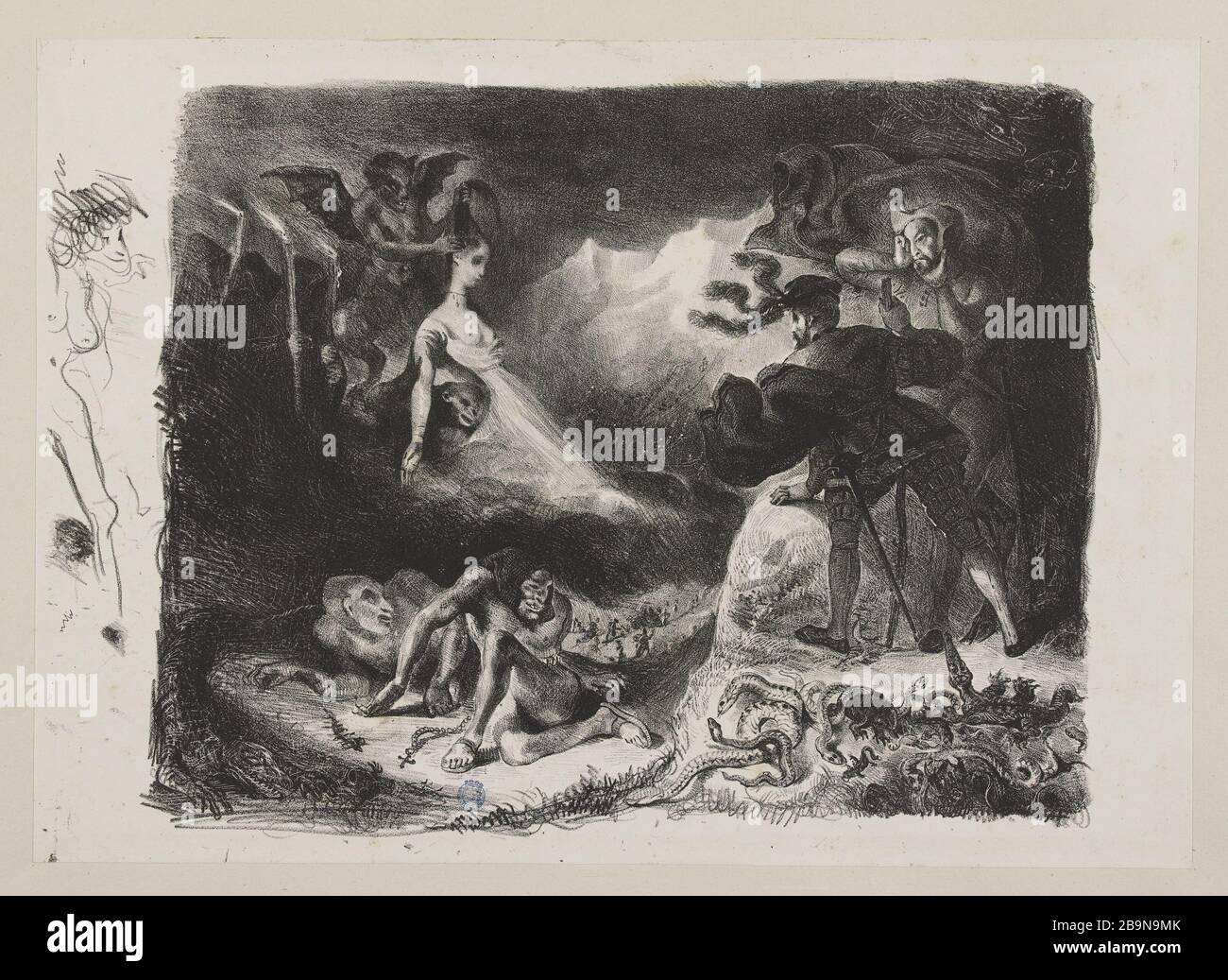 FAUST - DER SCHATTEN VON MARGUERITE ERSCHEINT ALS FAUST-DELTEIL STRAUBER-72 EUGÈNE DELACROIX (1798-1863). "L'ombre de Marguerite Apparaissant à Faust". Lithographie sur vélin. Musée des Beaux-Arts de la Ville de Paris, Petit Palais. Stockfoto