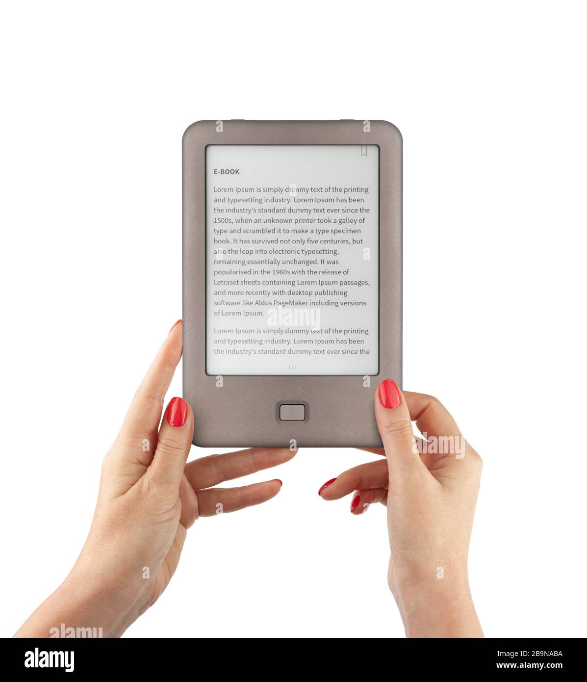 Halten Sie den E-Book-Reader in den Händen. Beschneidungspfad für Bildschirm und Buch mit Händen einschließen. LOREM IPSUM Text auf dem E-Book-Bildschirm. Stockfoto
