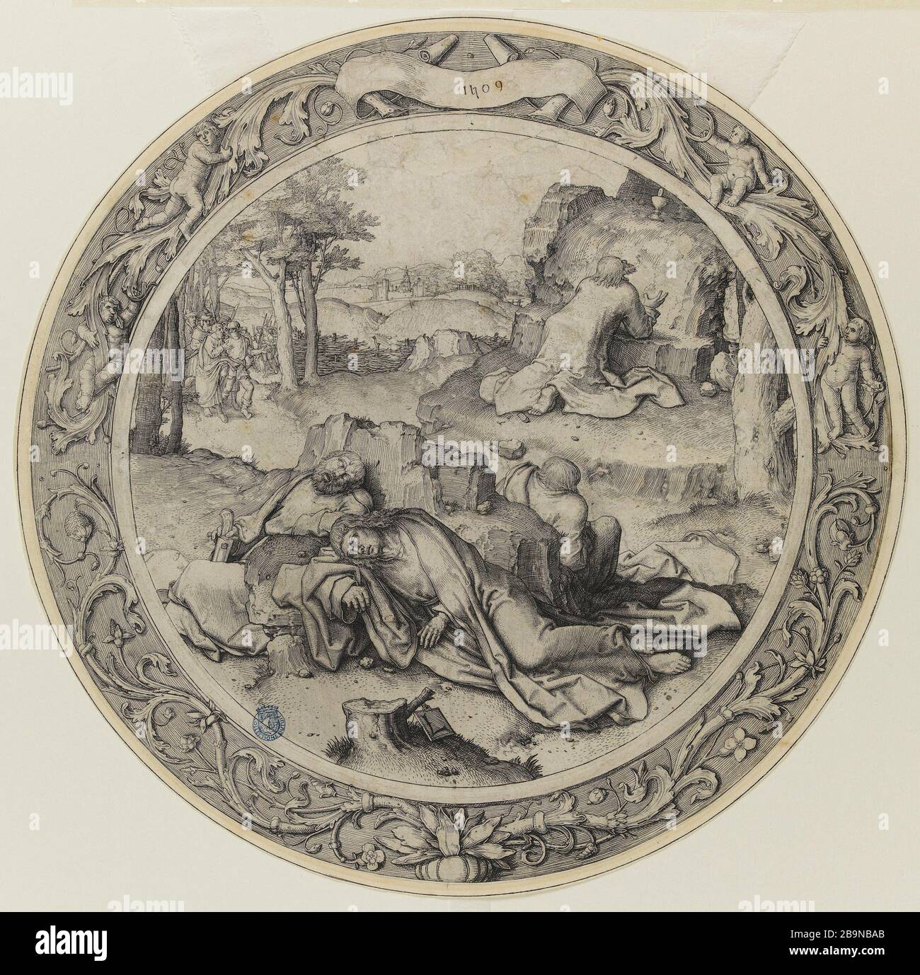 Die runde Leidenschaft: 9 Bretter - 1. Christus in Gethsemane - 57 Bartsch Lucas de Leyde (1494-1533). "La Passion ronde": 9 Planen - 1. "Le Christus au Jardin des Oliviers" - Bartsch 57. Burin. 1509. Musée des Beaux-Arts de la Ville de Paris, Petit Palais. Stockfoto