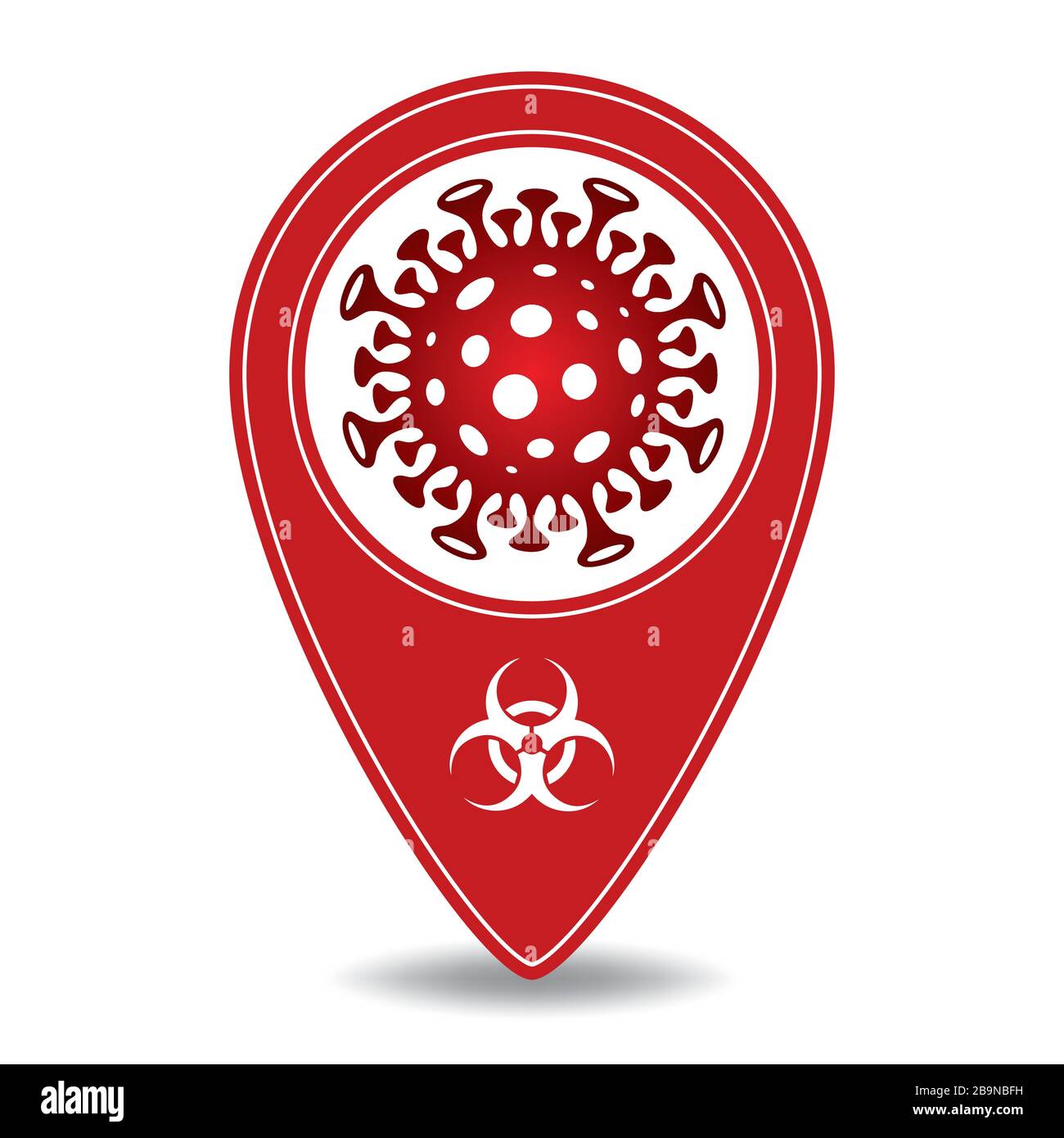 Kartenzeiger mit neuartigen Corona-Viren und Symbol für biologische Gefährdung. Bearbeitbares Vektorsymbol für Covid-19-Kartendesign. Stock Vektor