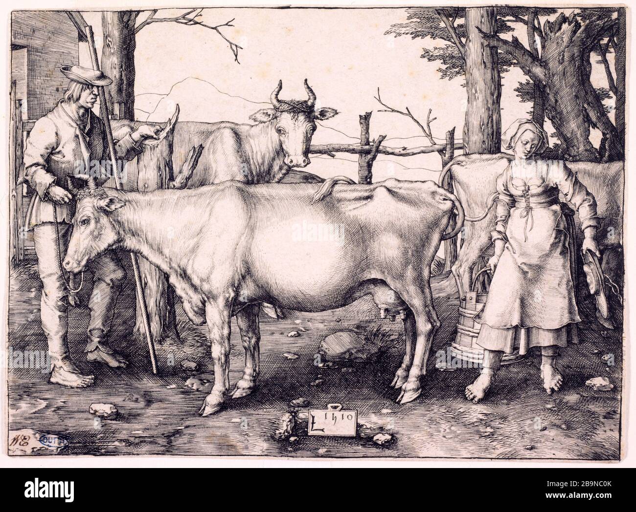 Das Milchmädchen Lucas de Leyde (1494-1533). "La Laitière". Tiefdruck, 1510. Musée des Beaux-Arts de la Ville de Paris, Petit Palais. Stockfoto