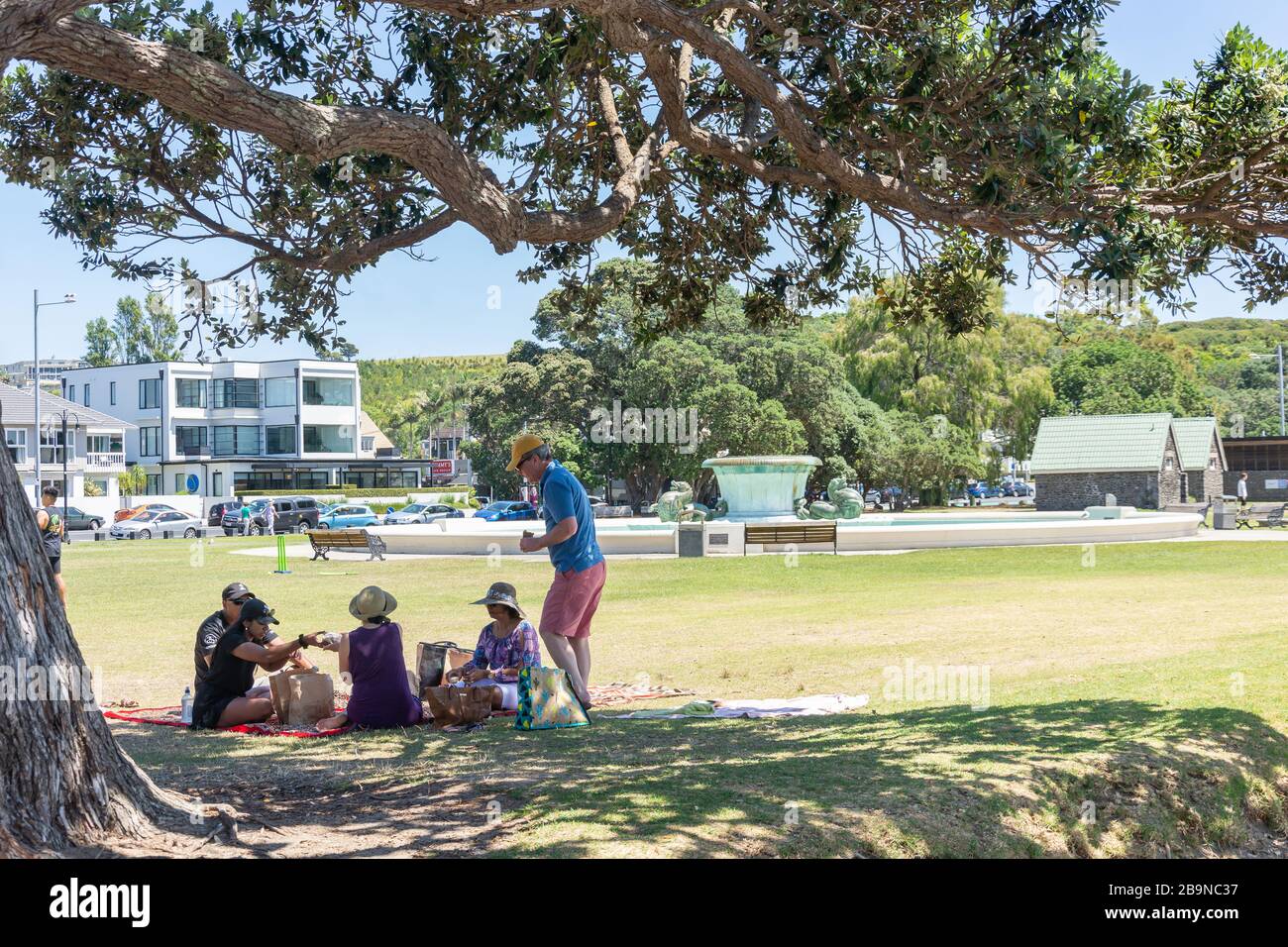 Picknick in der Gruppe auf Selwyn Domain, Mission Bay, Auckland, Neuseeland Stockfoto