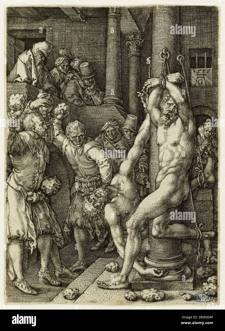 Geschichte von Suzanne 4: Die alten Männer werden vom Volk gesteinigt (Hollstein 33) Heinrich Aldegrever (ou Aldegrever - 1502-V.1555/1561). Histoire de Suzanne Nr. 4: Les vieeillards sont lapidés par le peuple (Hollstein 33). Burin, 1555. Musée des Beaux-Arts de la Ville de Paris, Petit Palais. Stockfoto