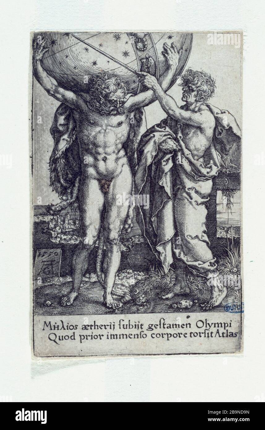 JOBS HERKULES: HERKULES UND ATLAS Heinrich Aldegrever (dit Trippenmeker, 1502-V1558). "Les travaux d'Hercule: Hercule et Atlas, B 91". Burin, 1550. Musée des Beaux-arts de la ville de Paris, Petit Palais. Stockfoto