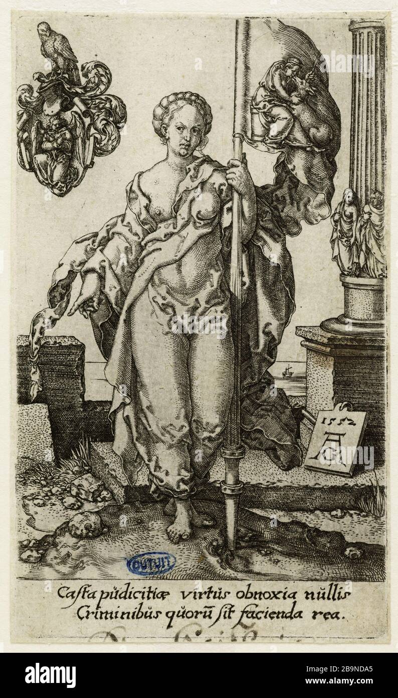 Die Tugenden: Chasteté (Hollstein 120) Heinrich Aldegrever (ou Aldegrever - 1502-V.1555/1561). Les Vertus: La Chasteté (Hollstein 120). Burin, 1552. Musée des Beaux-Arts de la Ville de Paris, Petit Palais. Stockfoto