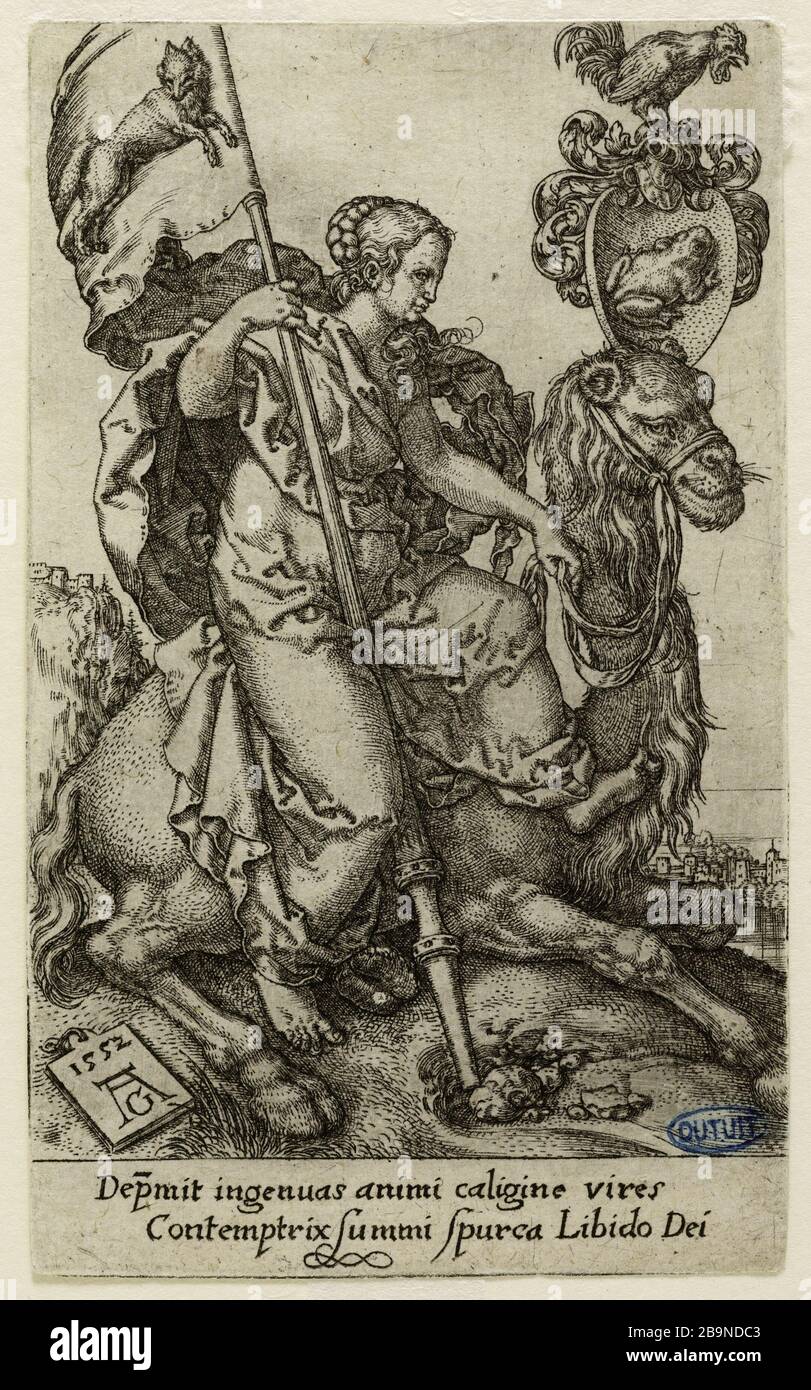 Laster: Lust (Hollstein 127) Heinrich Aldegrever (ou Aldegrever - 1502-V.1555/1561). Les Vices: La Luxure (Hollstein 127). Burin, 1552. Musée des Beaux-Arts de la Ville de Paris, Petit Palais. Stockfoto