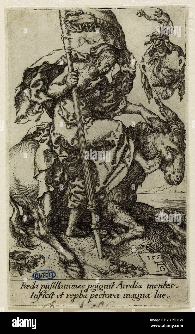 Laster: Die Ungläubigkeit (Hollstein 130) Heinrich Aldegrever (ou Aldegrever - 1502-V.1555/1561). Les vices: L'Oisiveté (Hollstein 130). Burin, 1552. Musée des Beaux-Arts de la Ville de Paris, Petit Palais. Stockfoto