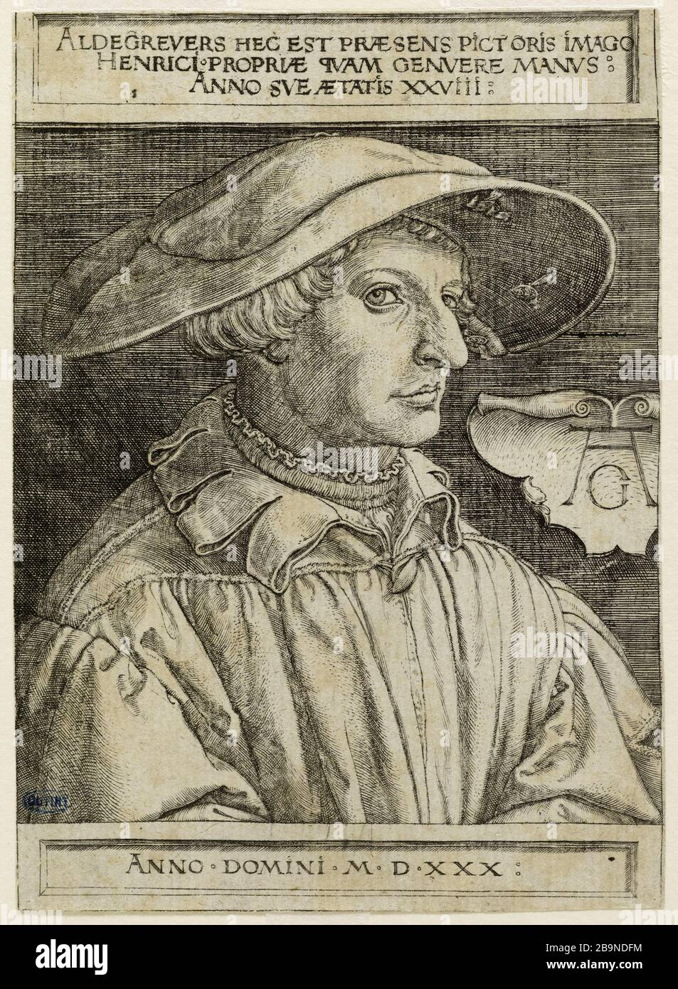 Selbstporträt im Alter von 28 Jahren (Hollstein 188) Heinrich Aldegrever (ou Aldegrever - 1502-V.1555/1561). Autoportrait à l'âge de 28 ans (Hollstein 188). Burin, 1530. Musée des Beaux-Arts de la Ville de Paris, Petit Palais. Stockfoto