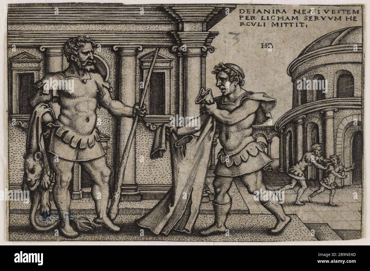 Die Arbeit des Herkules: Herkules Deianira, der von Lycas ein Hemd geschickt wurde, das im Blut von Nessus 3 getränkt war. (Hollstein (Band 3, Seite 67); Bartsch 98) Hans Sebald Beham (1500-1550). "Les Travaux d'Hercule: Déjanire envoie à Hercule par Lycas une chemise trempée dans le sang de Nessus, Nr. 3. (Hollstein (Band 3, Seite 67); Bartsch 98)'. Burin. 1545. Musée des Beaux-Arts de la Ville de Paris, Petit Palais. Stockfoto