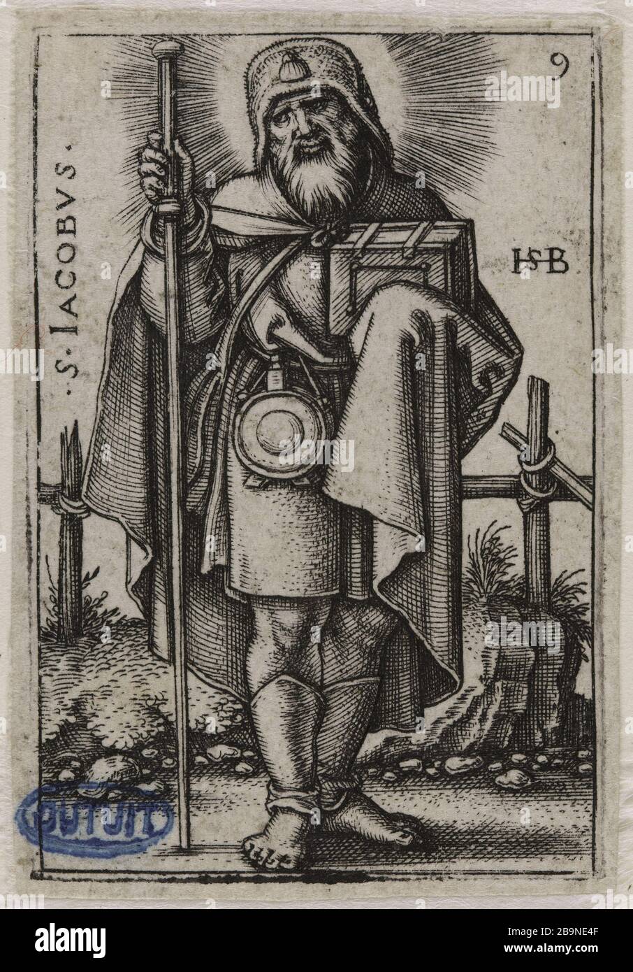 Die zwölf Apostel: Der heilige Jacques Major, Nr. 9. (Hollstein (Band 3, Seite 34); Bartsch 51) Hans Sebald Beham (1500-1550). "Les Douze Apôtres: Saint Jacques le Majeur, Nr. 9. (Hollstein (Band 3, Seite 34); Bartsch 51)'. Burin. 1545. Musée des Beaux-Arts de la Ville de Paris, Petit Palais. Stockfoto