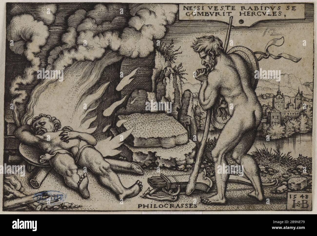 Die Arbeiten des Herkules: Herkules wird auf einem Scheiterhaufen verbrannt, der von Philoctetes, Nr. 12, angezündet wird. (Hollstein (Band 3, Seite 67); Bartsch 107) Hans Sebald Beham (1500-1550). "Les Travaux d'Hercule: Hercule se brûle sur un bûcher allumé par Philoctète, Nr. 12. (Hollstein (Band 3, Seite 67); Bartsch 107)'. Burin. 1548. Musée des Beaux-Arts de la Ville de Paris, Petit Palais. Stockfoto