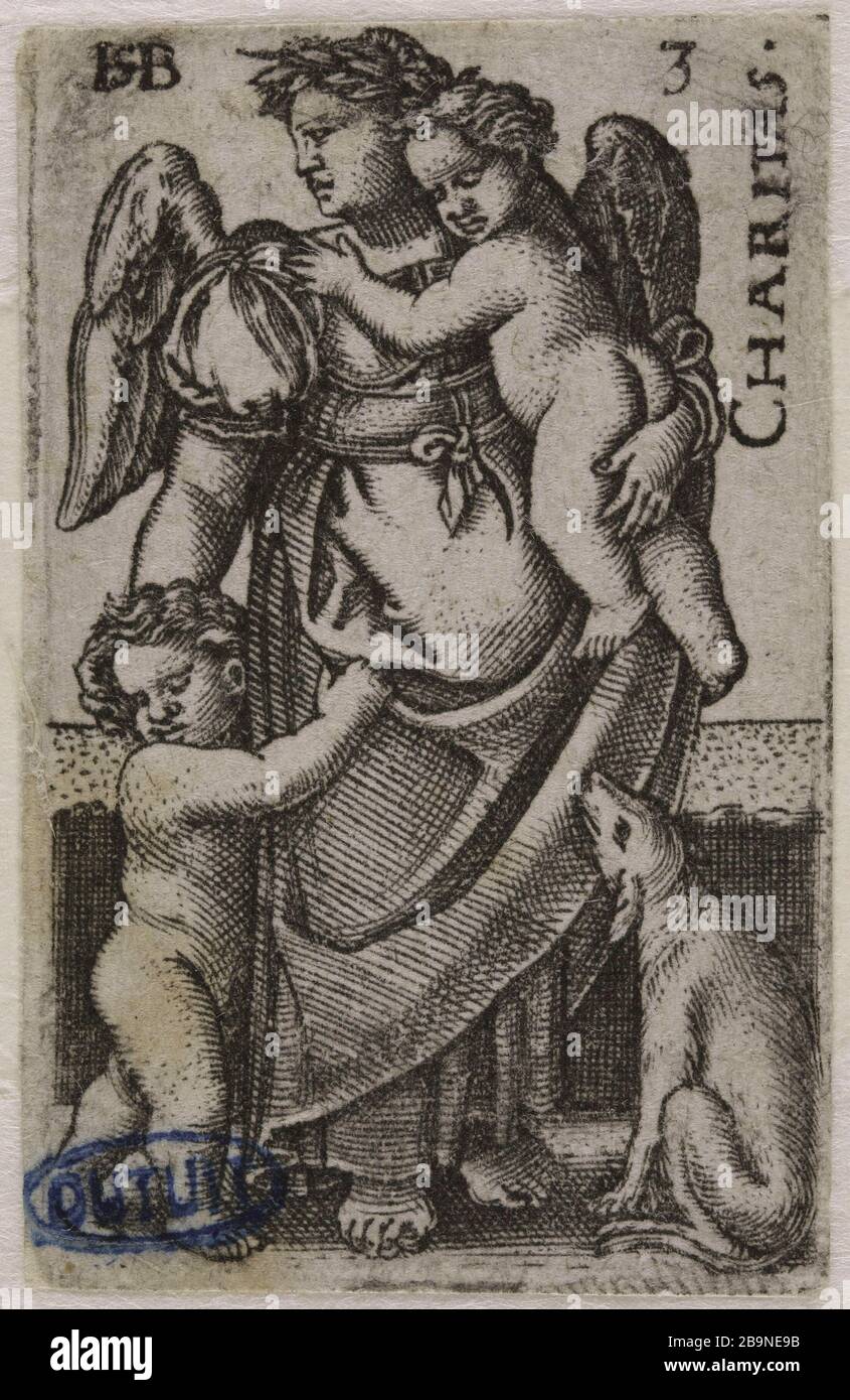 Die Erkenntnis Gottes und die sieben christlichen Tugenden: Nächstenliebe, Nr. 3. (Hollstein (Band 3, Seite 78); Bartsch 131) Hans Sebald Beham (1500-1550). "La Connaissance de Dieu et les Sept Vertus Chrétines: La Charité, Nr. 3. (Hollstein (Band 3, Seite 78); Bartsch 131)'. Burin. 1540. Musée des Beaux-Arts de la Ville de Paris, Petit Palais. Stockfoto