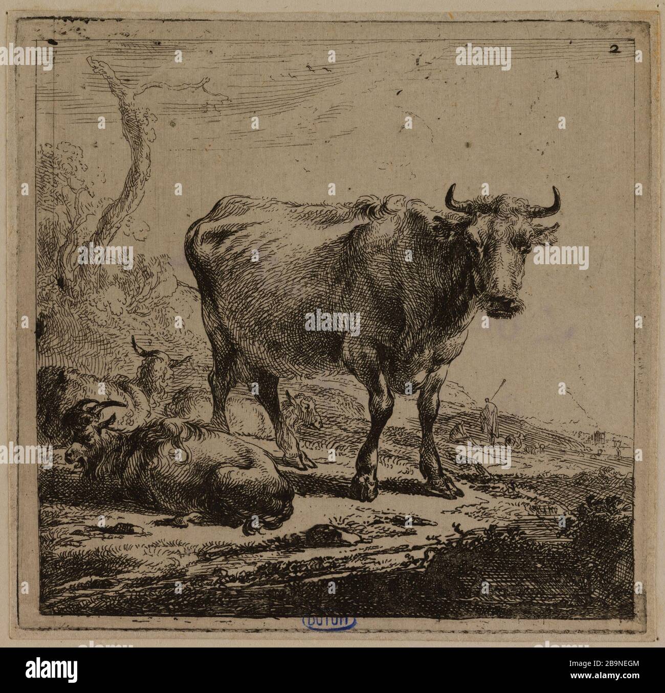 2 Kühe Milch (Hollstein 24) Berchem, Nicolaes Pietersz. "2- Les vaches à la laitière (Hollstein 24)". Eau-forte. 1644. Musée des Beaux-Arts de la Ville de Paris, Petit Palais. Stockfoto