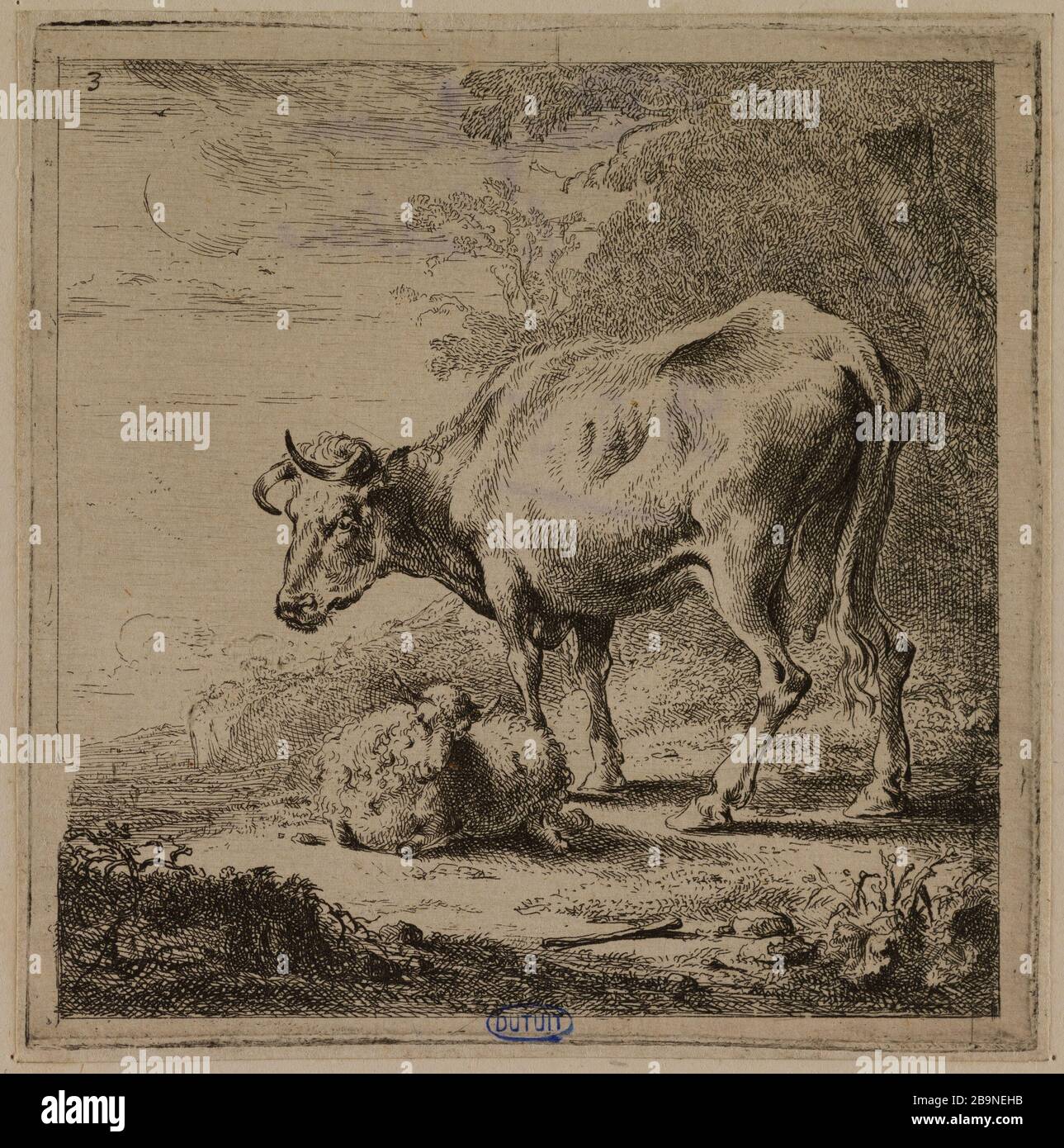 3 Kühe Milch (Hollstein 25) Berchem, Nicolaes Pietersz. "3- Les vaches à la laitière (Hollstein 25)". Eau-forte. 1644. Musée des Beaux-Arts de la Ville de Paris, Petit Palais. Stockfoto