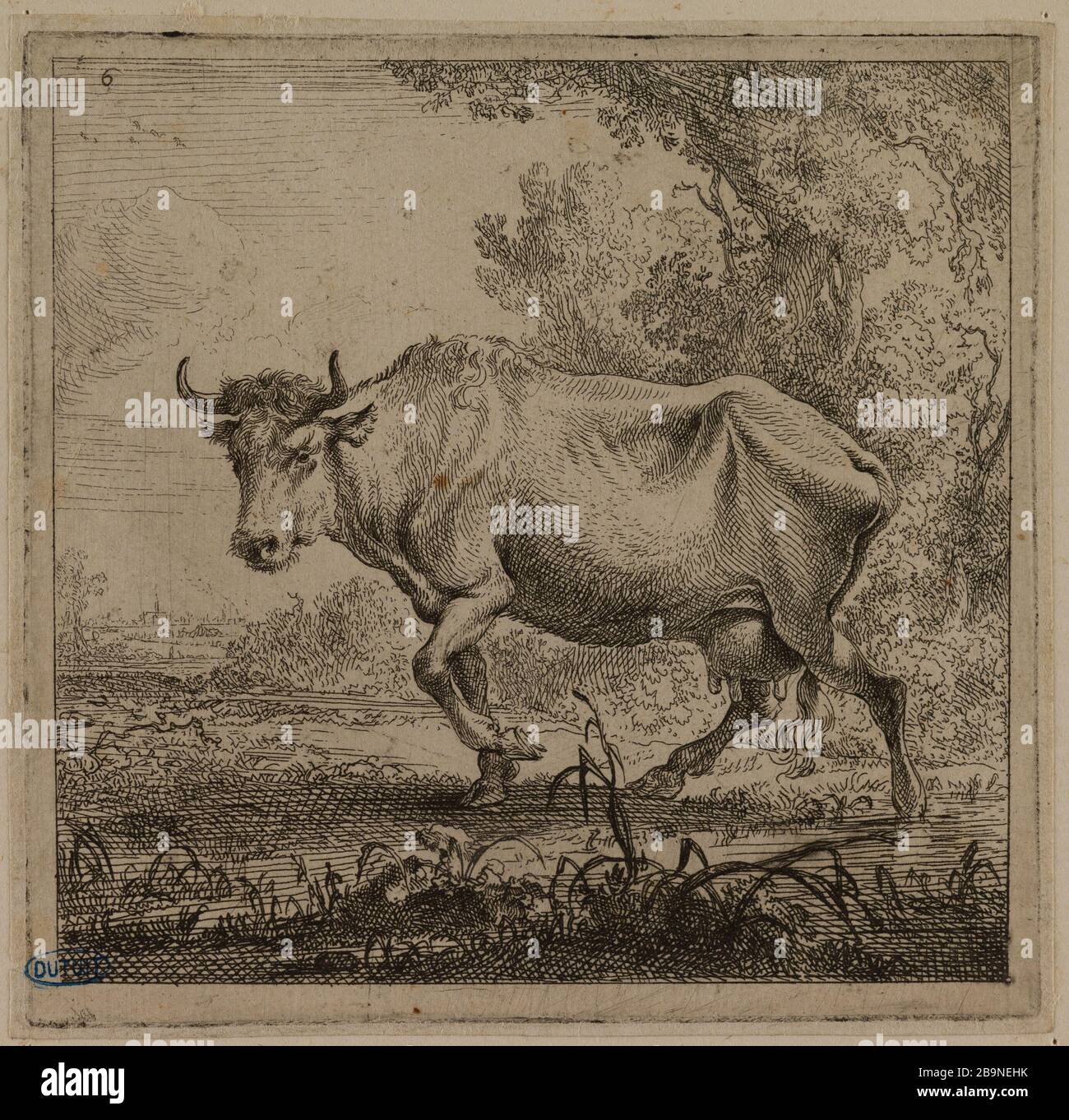 6- die Kühe an der Molkerei (Hollstein 28) Berchem, Nicolaes Pietersz. "6- Les vaches à la laitière (Hollstein 28)". Eau-forte. 1644. Musée des Beaux-Arts de la Ville de Paris, Petit Palais. Stockfoto