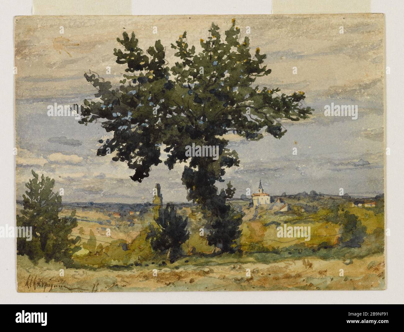 Landschaft mit einem großen Baum Henri Joseph Harpignies (1819-1916). "Paysage avec un Grand arbre". Aquarelle sur Papier, XIXème siècle. Musée des Beaux-Arts de la Ville de Paris, Petit Palais. Stockfoto