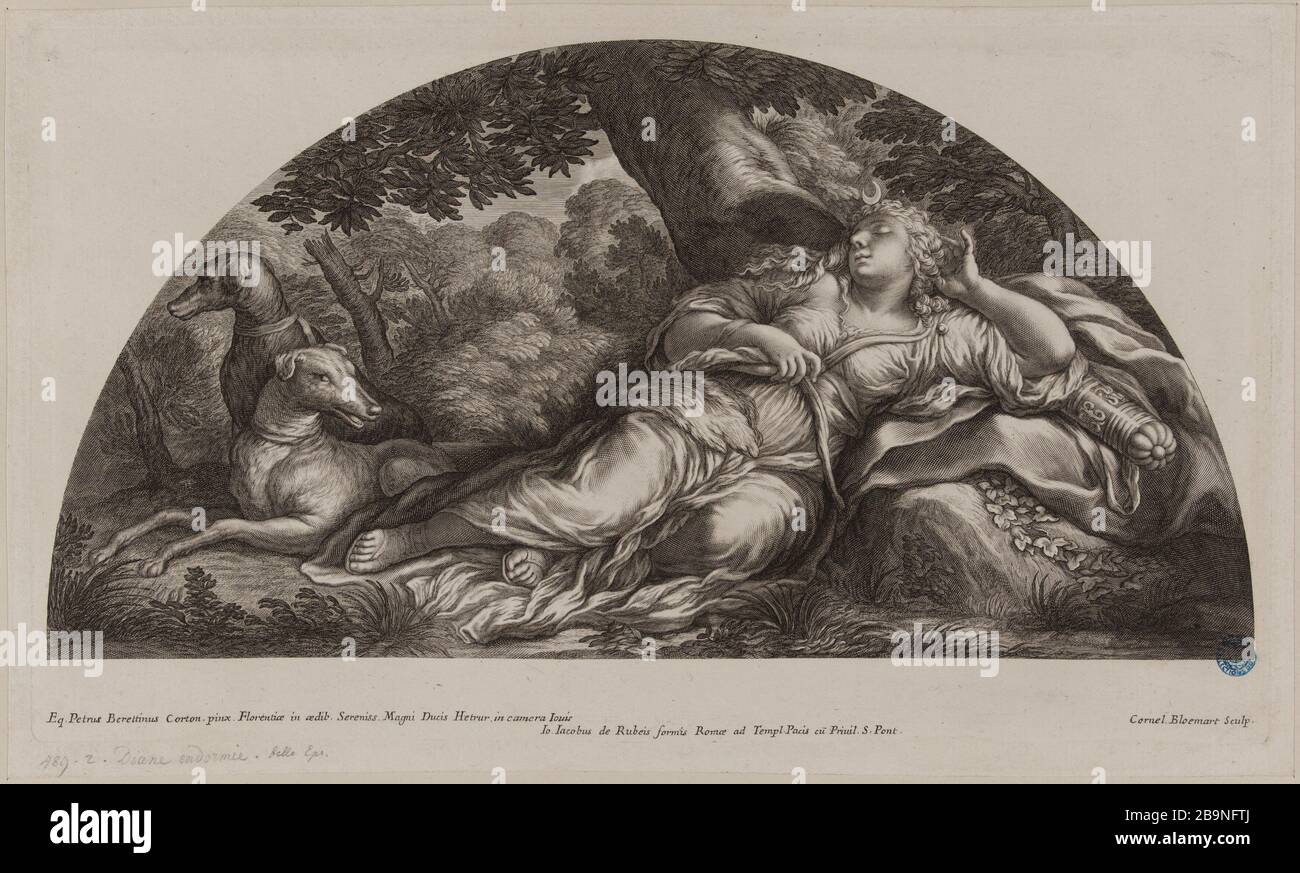 Diane von Pietro da Cortona (S.35 Dutuit Le Blanc 75) Cornelis II Bloemaert, dit le Jeune (1603-1692). Diane d'après Pierre de Cortone (Dutuit S.35, Le Blanc 75). Burin, XVIIe siècle. Musée des Beaux-Arts de la Ville de Paris, Petit Palais. Stockfoto