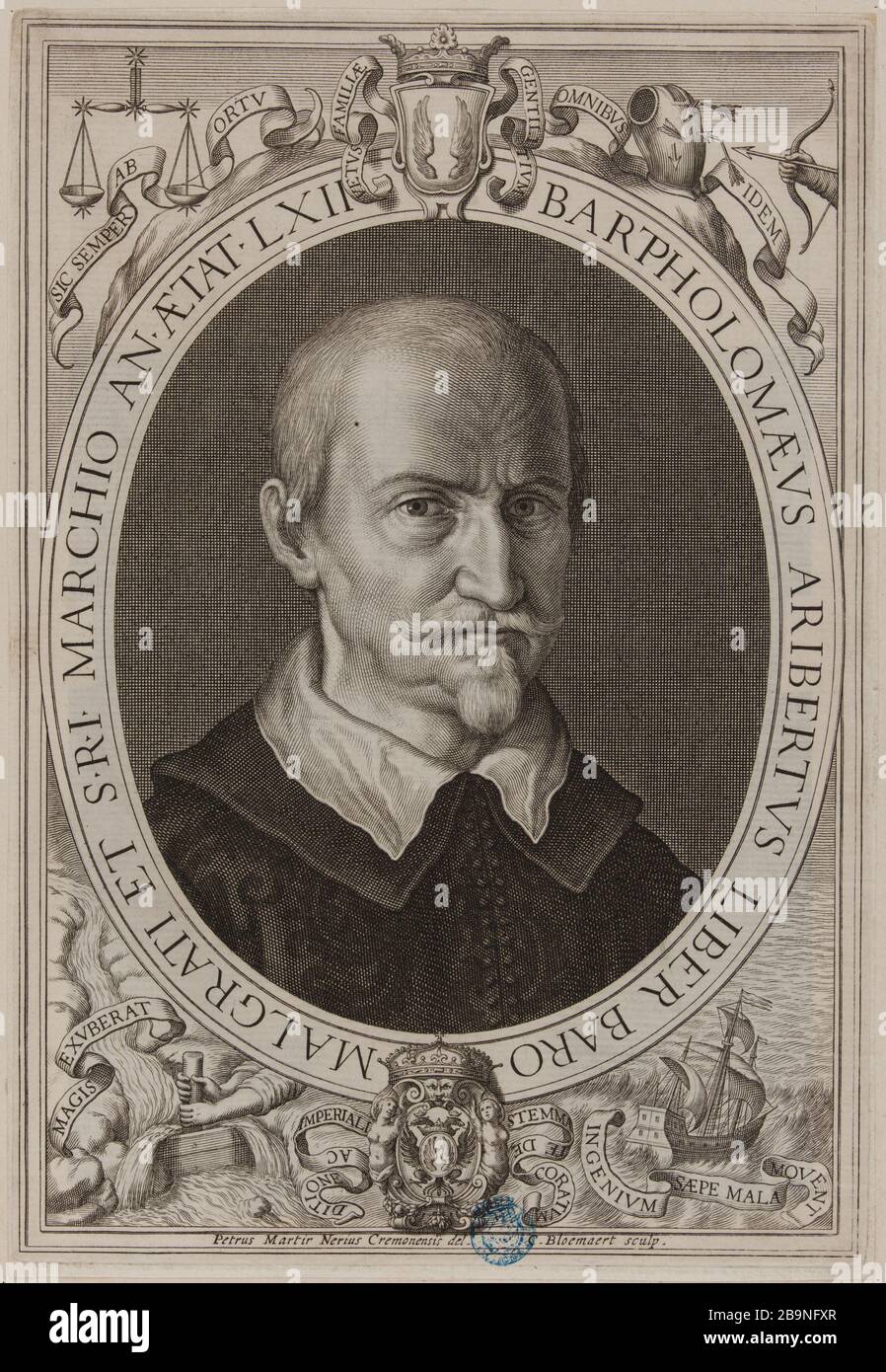 Portrit de Bartholomeus Aribertus hallt an Peter Martyr-Schwarzen (Dutuit S. 43, 231 Le Blanc) Cornelis II Bloemaert, dit le Jeune (1603-1692). Portrait de Bartholomeus Aribertus d'après Pietro Martyre Neri (Dutuit S. 43, Le Blanc 231). Burin, XVIIe siècle. Musée des Beaux-Arts de la Ville de Paris, Petit Palais. Stockfoto