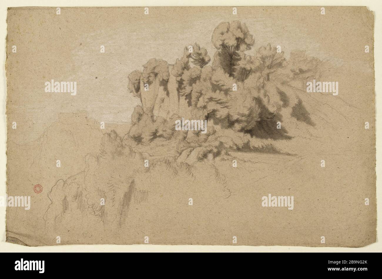 Von Bäumen auf einer Klippe Jean-Achille Benouville (dit Achille Benouville) (1815-1891). Bouquets d'arbres sur un escarpement. Crayon Graphit avec rehauts de blanc sur Papier. Musée des Beaux-Arts de la Ville de Paris, Petit Palais. Stockfoto