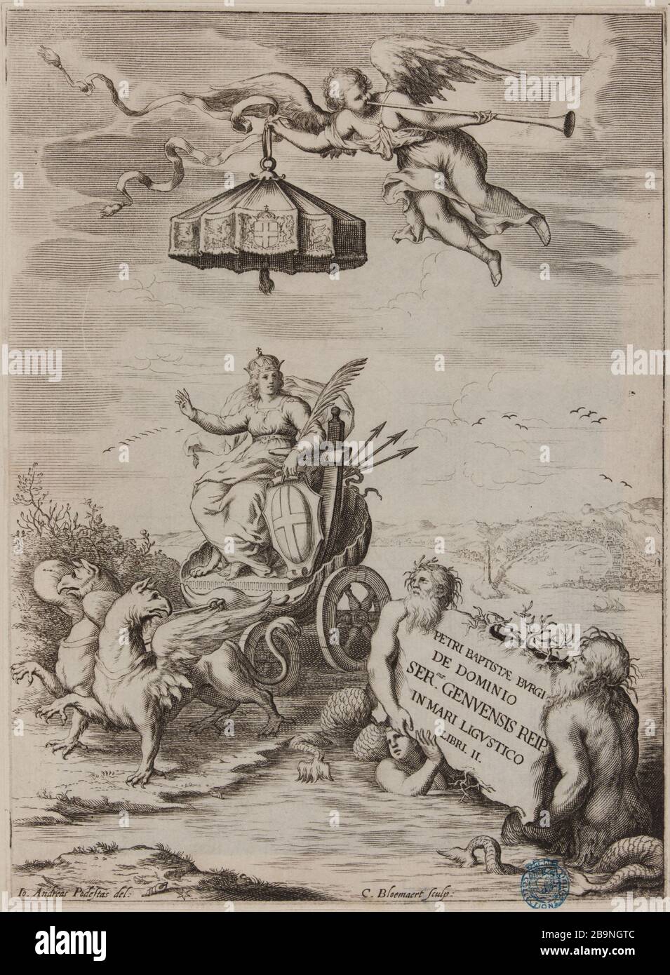 Allegorie der Stadt Genua von Giovanni Andrea Podesta (Dutuit S. 47, Le Blanc 282) Cornelis II Bloemaert, dit le Jeune (1603-1692). Allégorie de la ville de Gênes d'après Giovanni-Andrea Podesta (Dutuit S. 47, Le Blanc 282). Burin, XVIIe siècle. Musée des Beaux-Arts de la Ville de Paris, Petit Palais. Stockfoto