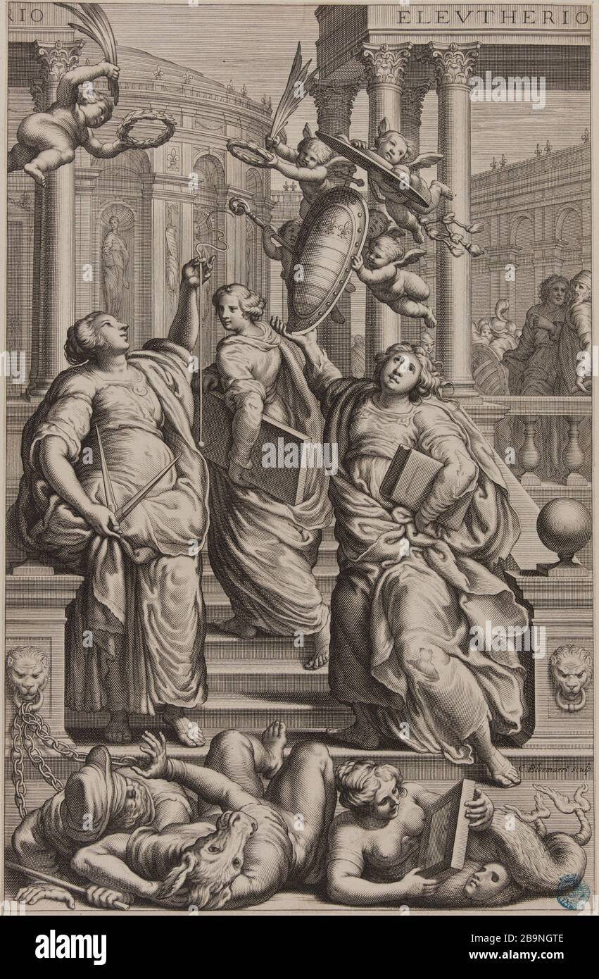 Drei Frauen, Astronomie, Geometrie und Philosophie, die zum Tempel der Erinnerung gehen, Allegorie für eine These in Rom und dem Kardinal Farnese gewidmet sind (Dutuit S. 47, Le Blanc 209) Cornelis II Bloemaert, dit le Jeune (1603-1692). Trois femmes, l'Astronomie, la Géométrie et la Philosophie marchant vers le Temple de la Mémoire, Allégorie pour une thèse soutenue à Rome et dédiée au Cardinal Farnèse (Dutuit S. 47, Le Blanc 209). Burin, XVIIe siècle. Musée des Beaux-Arts de la Ville de Paris, Petit Palais. Stockfoto