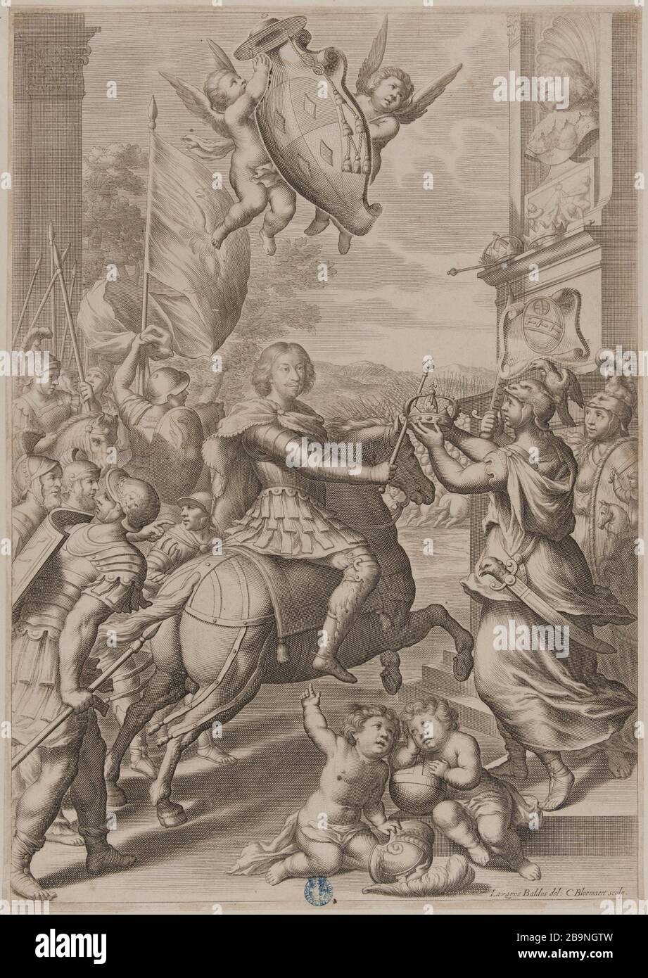 Polen und Schweden, mit ihrem König John Casimir, einer Krone und einem Schwert, Allegorie nach Lazzaro Baldi (Dutuit S. 47, Le Blanc 276) Cornelis II Bloemaert, dit le Jeune (1603-1692). La Pologne et la Suède, présentant à Jean Casimir leur roi, une couronne et une épée, Allégorie d'après Lazzaro Baldi (Dutuit S. 47, Le Blanc 276). Burin, XVIIe siècle. Musée des Beaux-Arts de la Ville de Paris, Petit Palais. Stockfoto