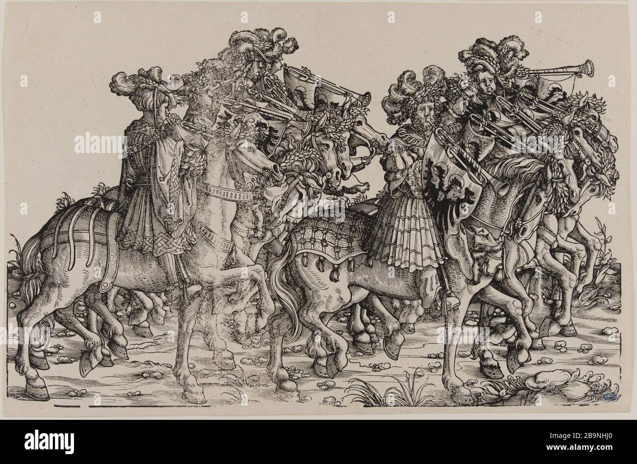 Prozession triumphierender Kaiser Maximilian I.: Hérauts mit Trompeten-Pferd (Eger Dornik-36, Bartsch 81) Hans Burgkmair, dit l'Ancien (1473-1531). Le cortège triomphal de l'Empereur Maximilian Ier : Hérauts avec trompettes à cheval (Dornik-Eger 36, Bartsch 81). Xylographie, 1512-1519. Musée des Beaux-Arts de la Ville de Paris, Petit Palais. Stockfoto