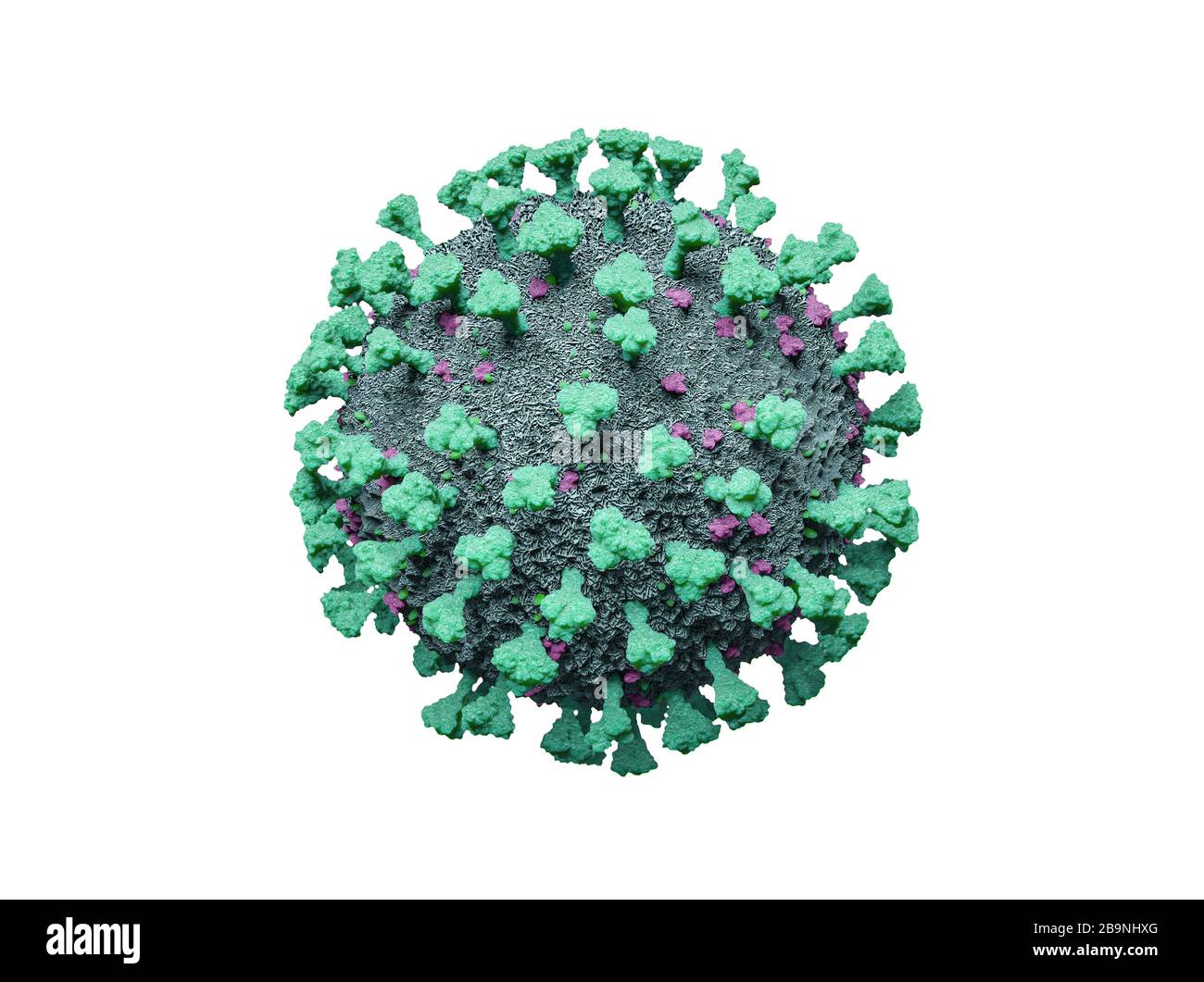 Molekularstruktur eines Blue COVID-19 Corona Influenza-Virus - 3D-Abbildung auf weißem Hintergrund Stockfoto