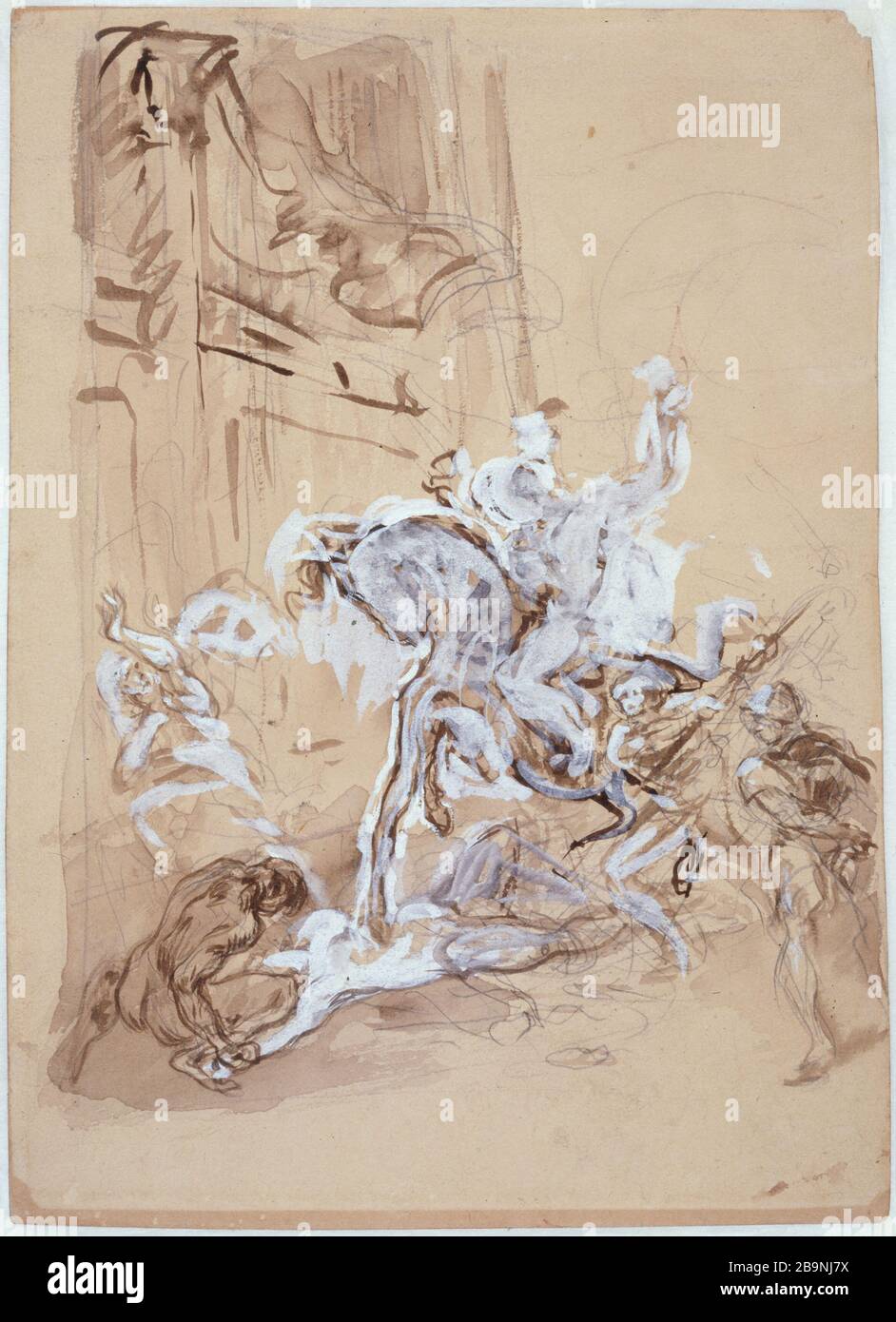 HELIODORE AUF DER JAGD NACH DEM TEMPEL Eugène Delacroix (1798-1863). "Héliodore chassé du Temple", esquisse pour un decor de l'église Saint-Sulpice (recto). Crayon, Plume, Encre brune et rehuts de gouache. Musée des Beaux-Arts de la ville de Paris, Petit Palais. Stockfoto