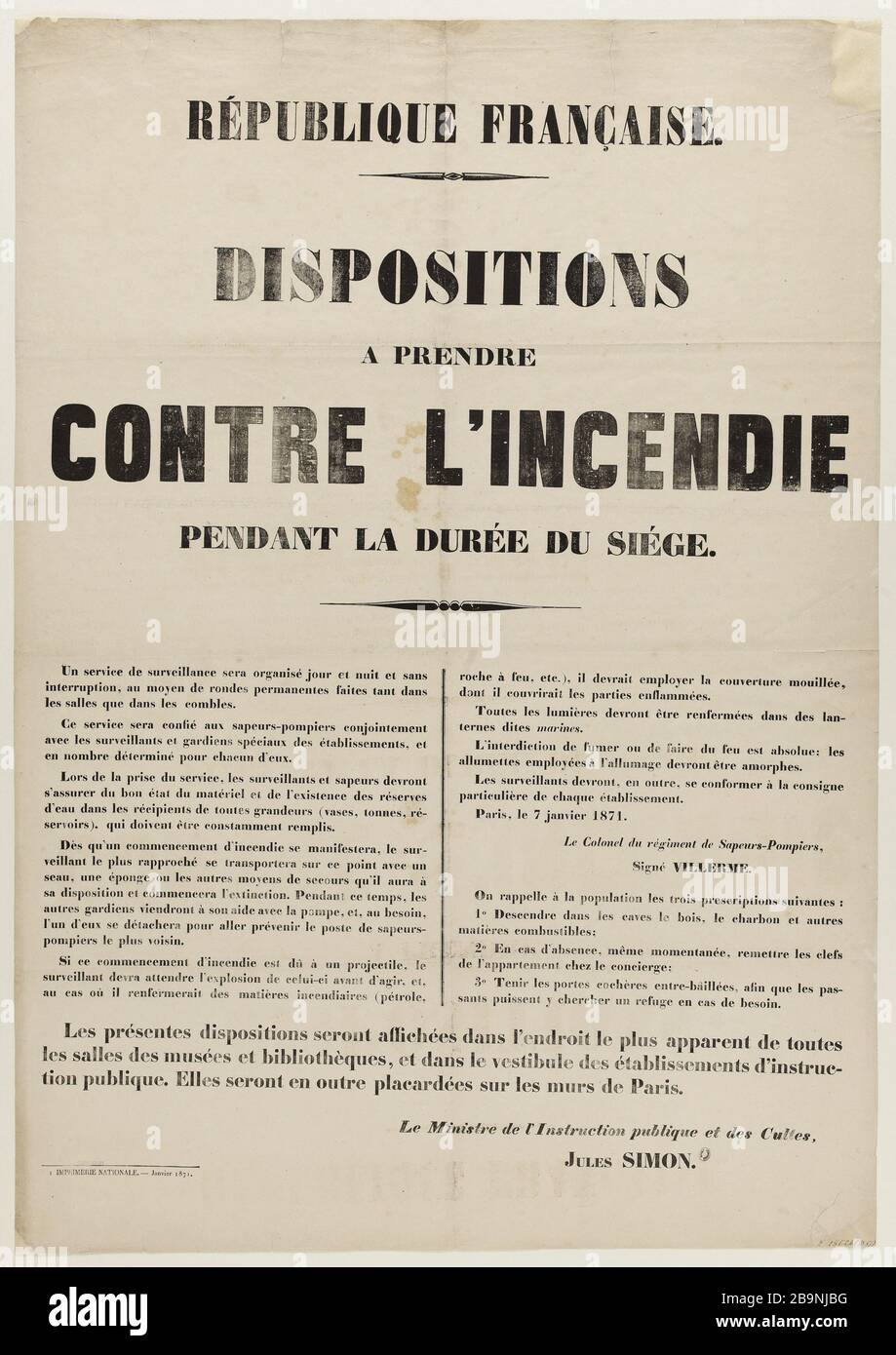 ANONYME WIRD WÄHREND DER AMTSZEIT VON ANONYME IN BRAND GERATEN. "Dispositions à prendre contre l'incendie Pendant la durée du Siège". Typographie. 1871. Paris, musée Carnavalet. Stockfoto