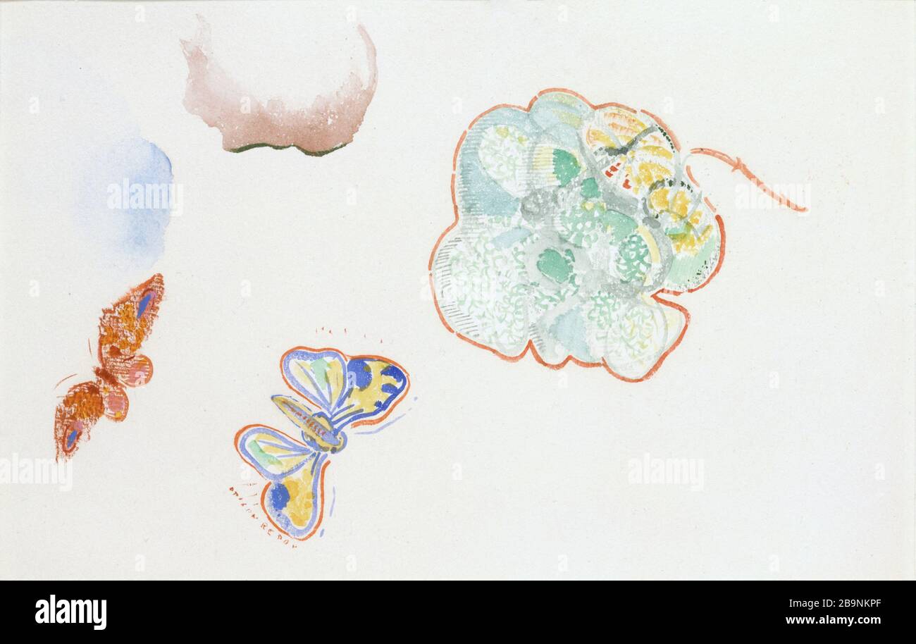 ZWEI SCHMETTERLINGE UND EIN BLUMENDILON Redon (1840-1916). Feuille d'étüde: 'Deux papillons et une fleur', 1910-1914. Dessin. Musée des Beaux-Arts de la Ville de Paris, Petit Palais. Stockfoto