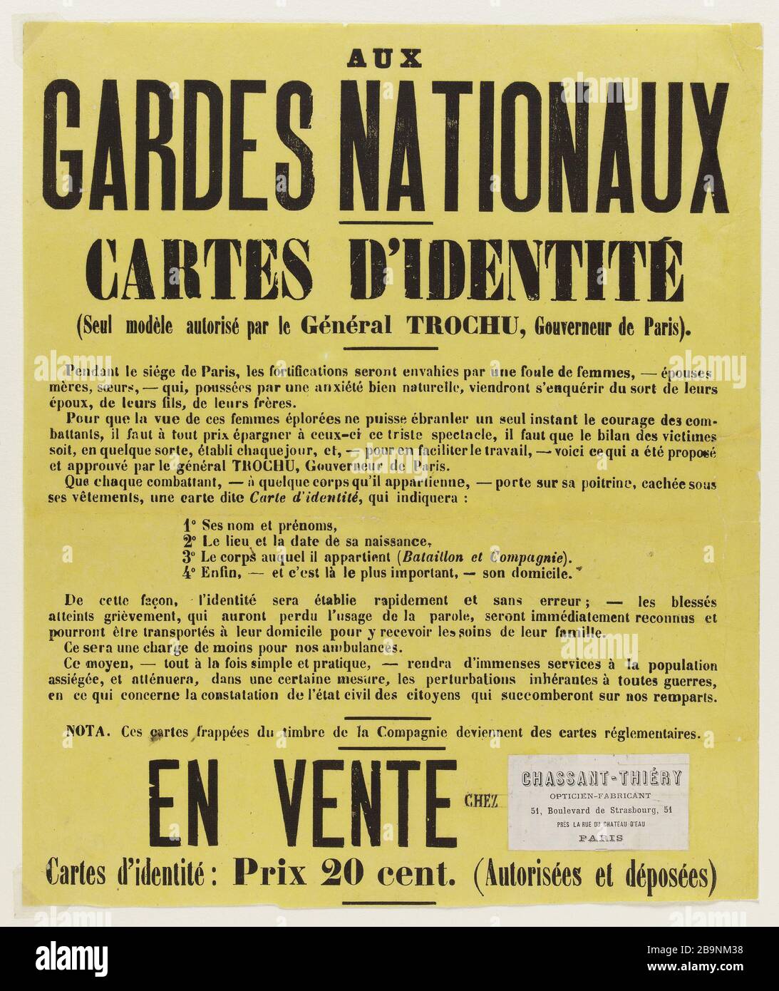 DIE NATIONALEN WACHEN, PERSONALAUSWEISE (MODELL NUR VOM GENERAL TROCHU, GOUVERNEUR VON PARIS AUTORISIERT) ANONYME. "AUX Gardes Nationaux, Cartes d'identité (Seul modèle autorisé par le général Trochu, Gouverneur de Paris)". Typographie. 1870. Paris, musée Carnavalet. Stockfoto