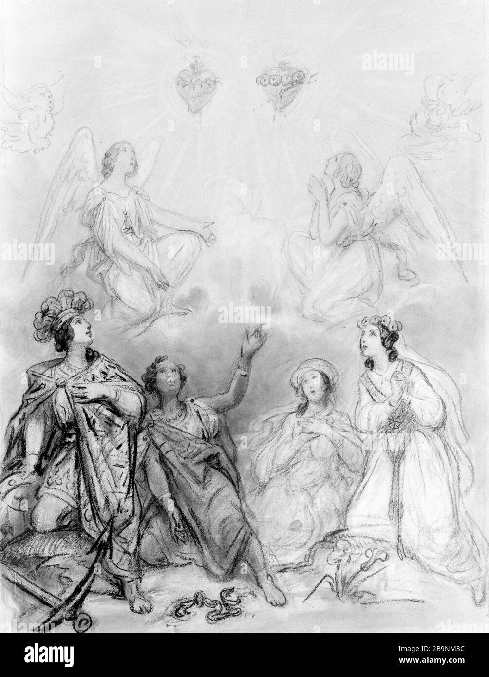 DIE VIER TEILE DER WELT, DIE DAS HERZ VON JESUS OCTAVE TASSAERT (1800-1874) ANBETETEN. "Les quatre parties du monde adorant le Coeur de Jésus". Fusain et rehauts de gouache blanche sur Papier crème, XIXème siècle. Musée des Beaux-Arts de la Ville de Paris, Petit Palais. Stockfoto