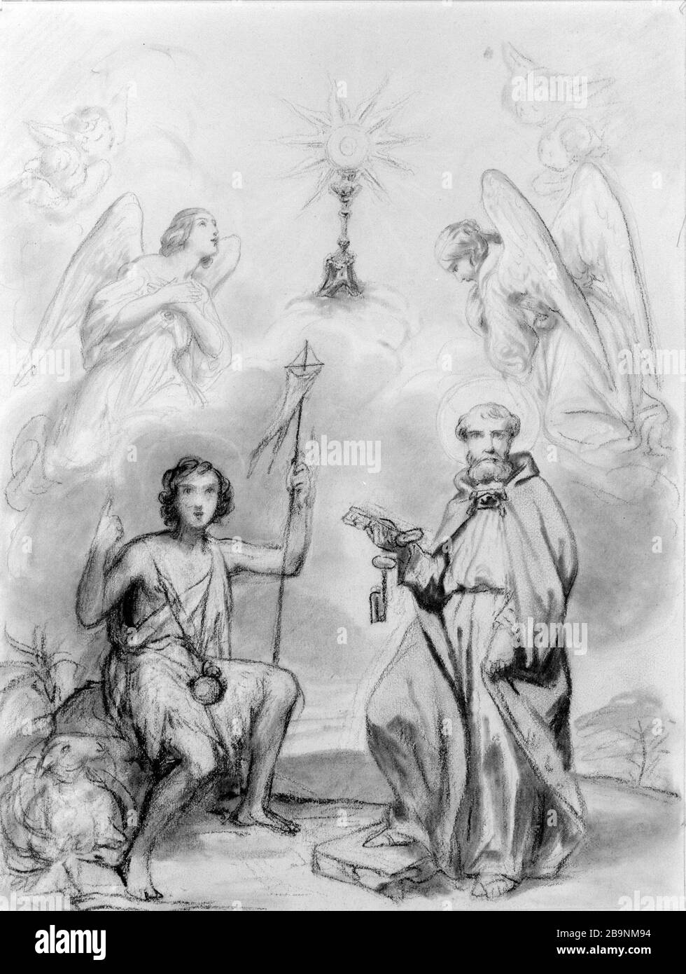 VEREHREN SIE DAS HEILIGE ABENDMAHL MIT DEM HEILIGEN JOHANNES TÄUFER UND DEM HEILIGEN PIERRE OCTAVE TASSAERT (1800-1874). "Anbetung du Saint-Sacrement avec Saint Jean-Baptiste et Saint Pierre". Fusain et rehauuts de blanc sur Papier crème, XIXème siècle. Musée des Beaux-Arts de la Ville de Paris, Petit Palais. Stockfoto