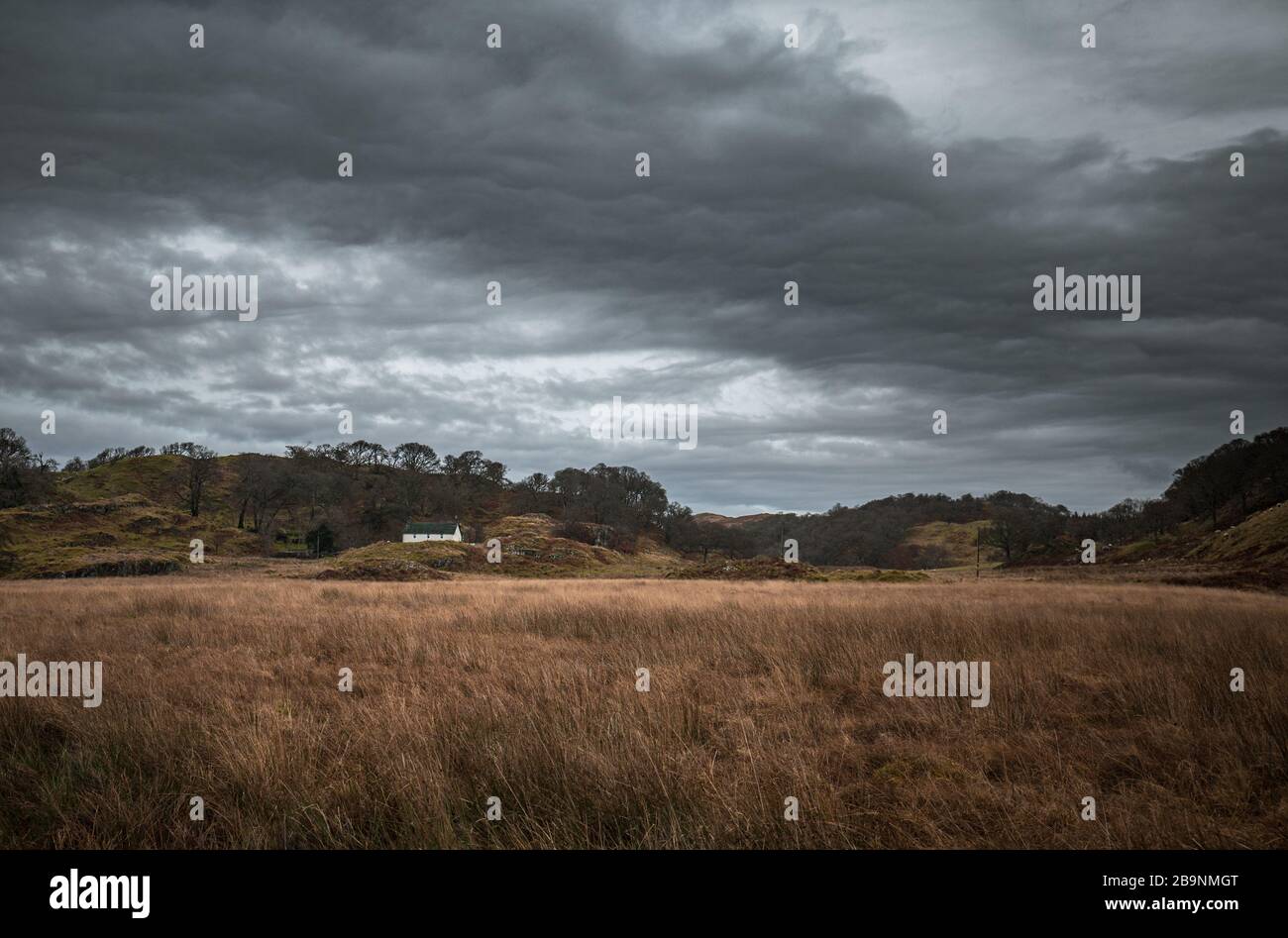 Moody Landschaft mit Grasland, Hügeln und weißem Haus an der Westküste Schottlands Stockfoto
