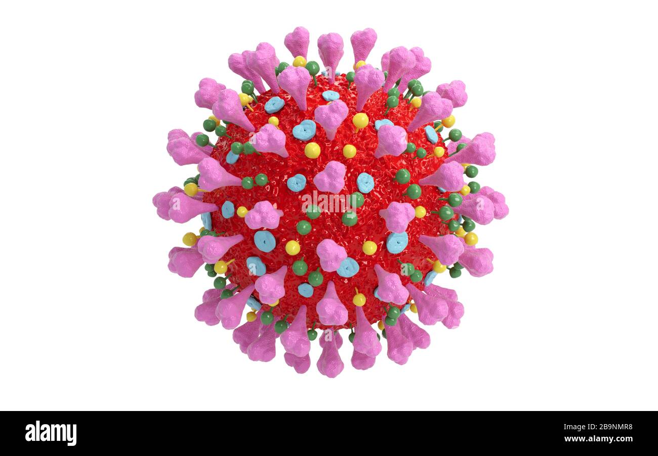 Covid-19-Coronavirus-Virus, das akute Atemwegsinfektionen verursacht. Sars-CoV-2-Erreger unter dem Mikroskop. Isoliert auf weißem Hintergrund. 3D-Rendering. Stockfoto