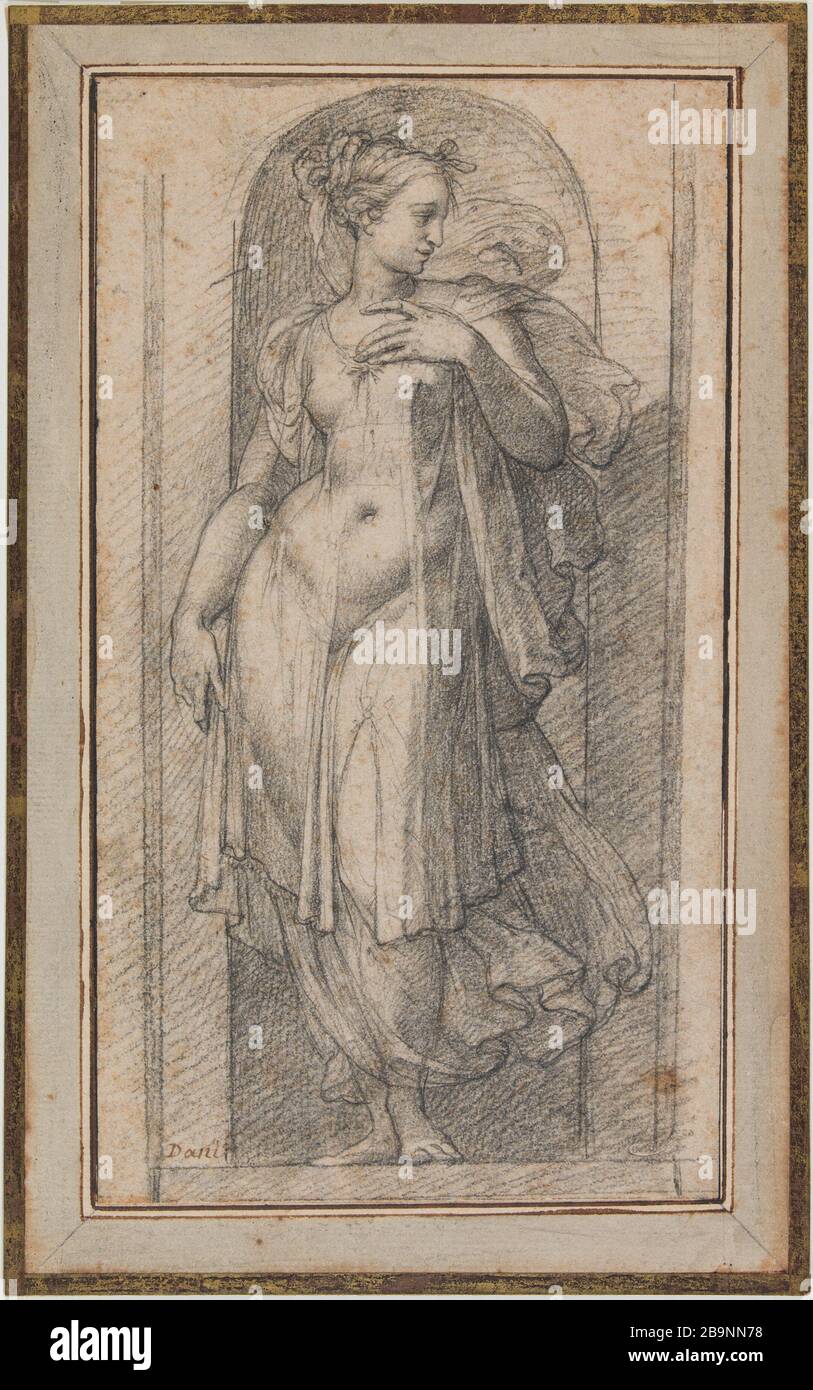 Weibliche allegorische Figur drapiert und steht in einer Nische Anonyme. "Figure allégorique féminine drapée et debout dans une niche". Pierre noire sur Papier, XVIème siècle. Musée des Beaux-Arts de la Ville de Paris, Petit Palais. Stockfoto