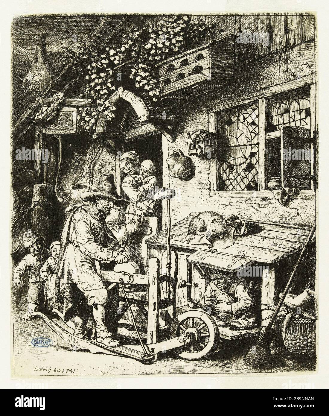 Der Grinder von Adriaen van Ostade Christian Wilhem Ernst Dietrich ou Dietricy. Le Rémouleur d'après Adriaen van Ostade. Eau-forte, 1741 Stockfoto