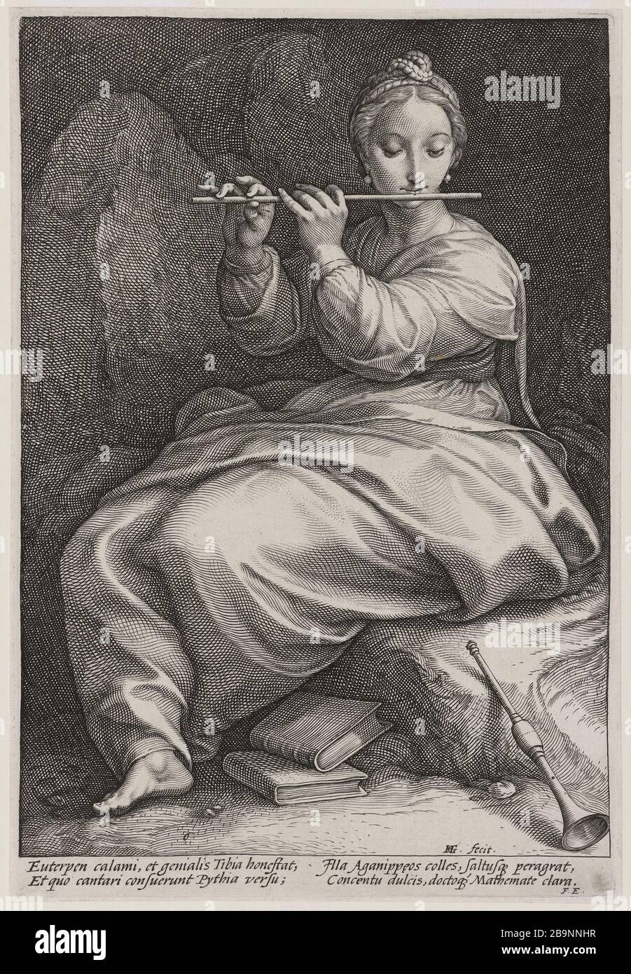 Die Neun Musen: Euterpe. 6. In einer Serie von 9 Stück. (Hollstein 153; Bartsch 151) Hendrik Goltzius (1561-1641). "Les Neuf muses: Euterpe. sixième numéro d'une Suite de 9 pièces. (Hollstein 153; Bartsch 151)". Burin. 1592. Musée des Beaux-Arts de la Ville de Paris, Petit Palais. Stockfoto