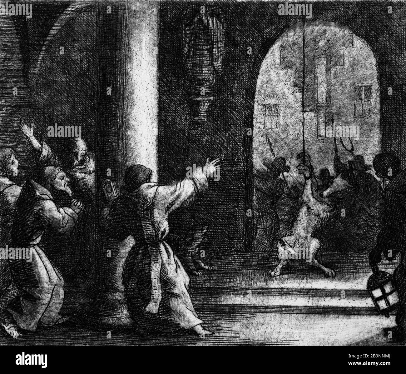 ILLUSTRATION FÜR ROMAN RENART: 1650/1655 ZU: 19- WOLF LÄUTET DIE GLOCKE EINES KLOSTERS, DAS SEIL, DAS DER FUCHS DEN BEIDEN BEINEN AN ALLAERT VAN EVERDINGEN BEFESTIGEN SOLL (1621-1675). Illustrationen für "Roman de Renart" : vers 1650-1655 : 19- "Le loup sonne la cloche d'un couvent, à la Corde de laquelle le renard l'a attaché par les deux pattes de devant". manière noire. Musée des Beaux-Arts de la Ville de Paris, Petit Palais. Stockfoto