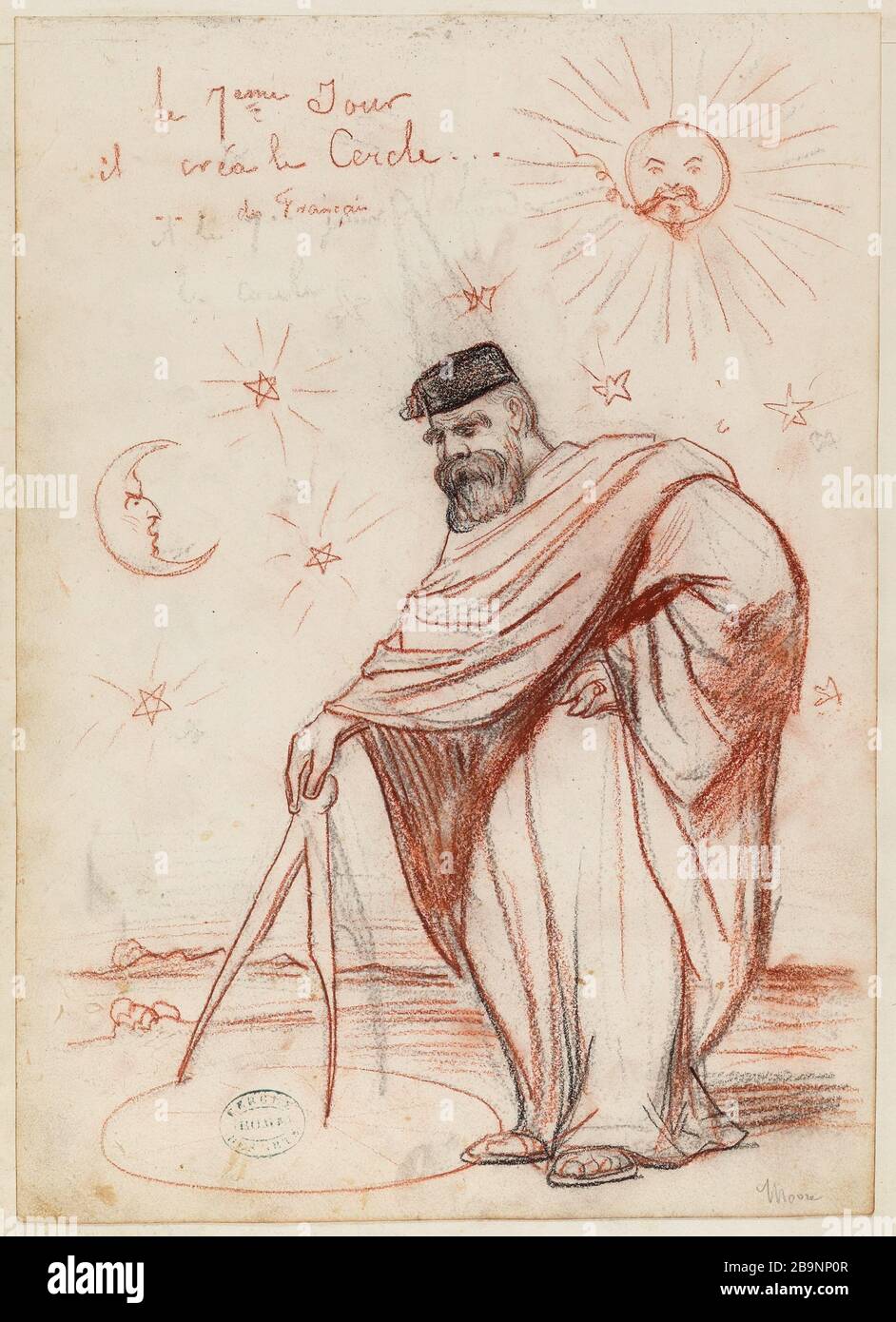 Portraitladung eines Mannes in einem großen Mantel, Zeichnung eines Kreises auf dem Boden mit einem Kompass (Moore) / mehrere Skizzen Portraitload Stockfoto