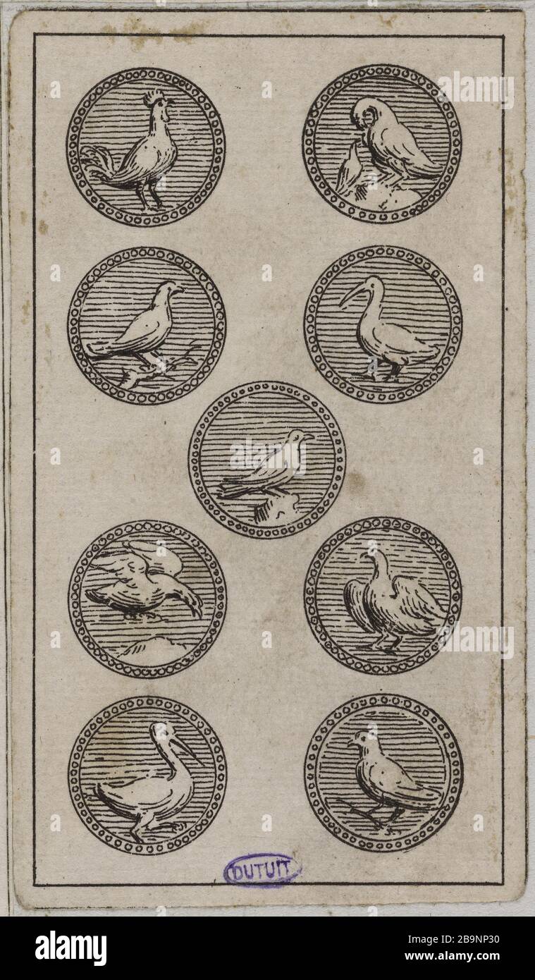 Minchiate Florentine. Satz mit 56 Karten. Die neun der Pentacles Anonyme. 'Minchiate florentin. Jeu de 56 cartes. Le Neuf de Deniers'. Eau-forte, couleurs au pinceau. 1650-1700. Musée des Beaux-Arts de la Ville de Paris, Petit Palais. Stockfoto