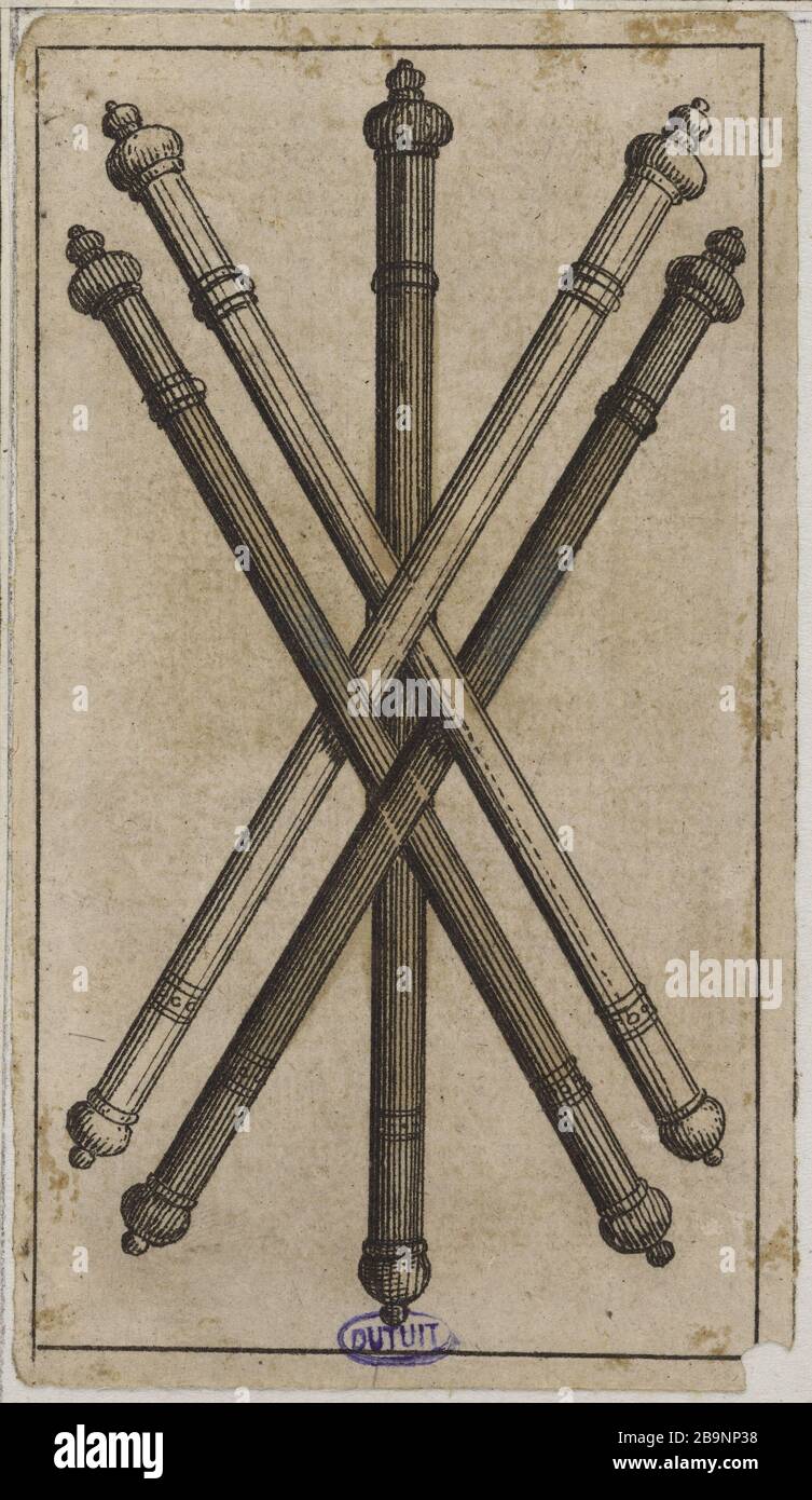 Minchiate Florentine. Satz mit 56 Karten. Die Fünf Sticks Anonyme. 'Minchiate florentin. Jeu de 56 cartes. Le Cinq de Bâtons". Eau-forte, couleurs au pinceau. 1650-1700. Musée des Beaux-Arts de la Ville de Paris, Petit Palais. Stockfoto