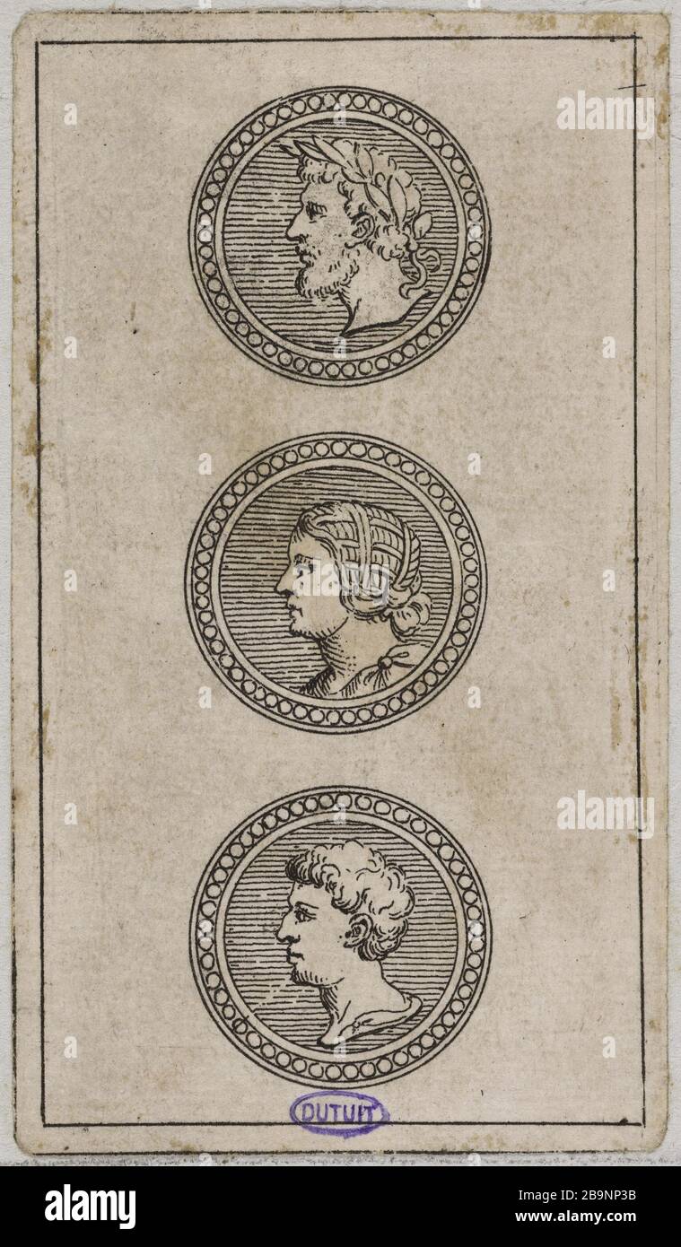 Minchiate Florentine. Satz mit 56 Karten. Die drei der Pentacles Anonyme. 'Minchiate florentin. Jeu de 56 cartes. Le Trois de Deniers'. Eau-forte, couleurs au pinceau. 1650-1700. Musée des Beaux-Arts de la Ville de Paris, Petit Palais. Stockfoto