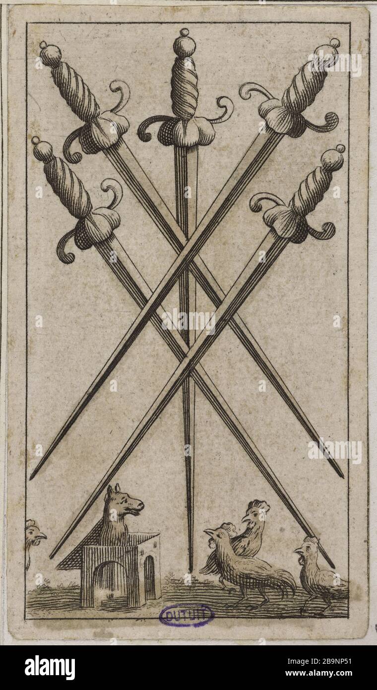 Minchiate Florentine. Satz mit 56 Karten. Die Anonyme Mit Dem Schwert Der Fünf. 'Minchiate florentin. Jeu de 56 cartes. Le Cinq d'Epée'. Eau-forte, couleurs au pinceau. 1650-1700. Musée des Beaux-Arts de la Ville de Paris, Petit Palais. Stockfoto