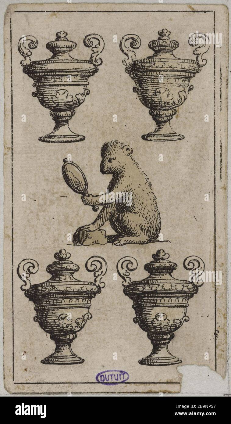 Minchiate Florentine. Satz mit 56 Karten. Die vier von Cups Anonyme. 'Minchiate florentin. Jeu de 56 cartes. Le Quatre de Coupés'. Eau-forte, couleurs au pinceau. 1650-1700. Musée des Beaux-Arts de la Ville de Paris, Petit Palais. Stockfoto