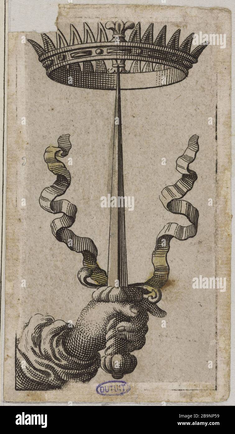Minchiate Florentine. Satz mit 56 Karten. Das Ass der Schwertanonyme. 'Minchiate florentin. Jeu de 56 cartes. L'as d'Epée'. Eau-forte, couleurs au pinceau. 1650-1700. Musée des Beaux-Arts de la Ville de Paris, Petit Palais. Stockfoto